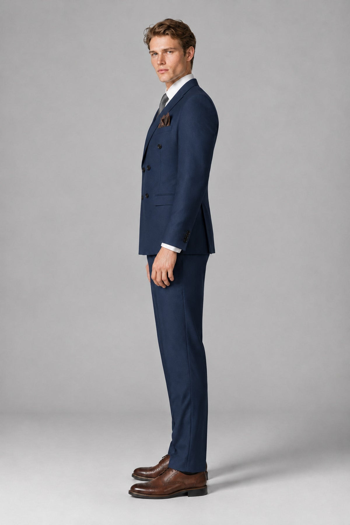 Bolodoo Men's Navy Blue Double-Breasted Two-Piece Suit with Peak Lapels - Navy Blue - Navy Blue_4