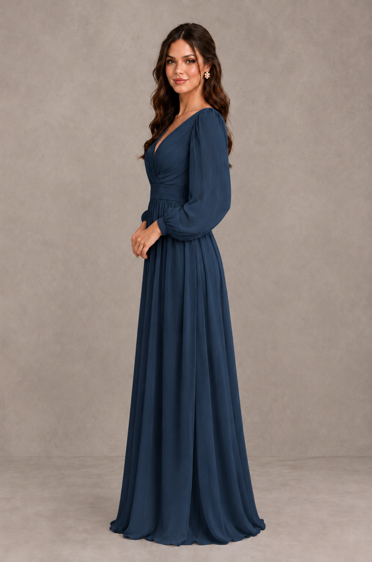 BOLODOO Navy Blue Long Sleeve V-Neck A-Line Bridesmaid Dress - Navy Blue - Navy Blue_4