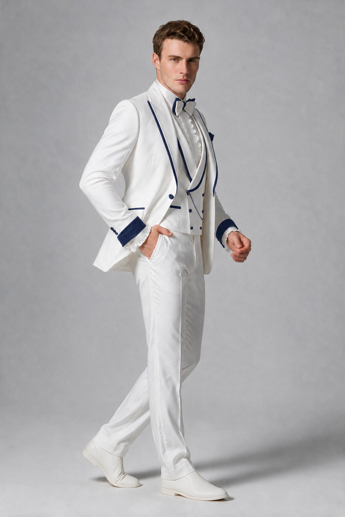 Bolodoo Men's White and Navy Blue Three-Piece Wedding Tuxedo Suit - Navy Blue - Navy Blue_4