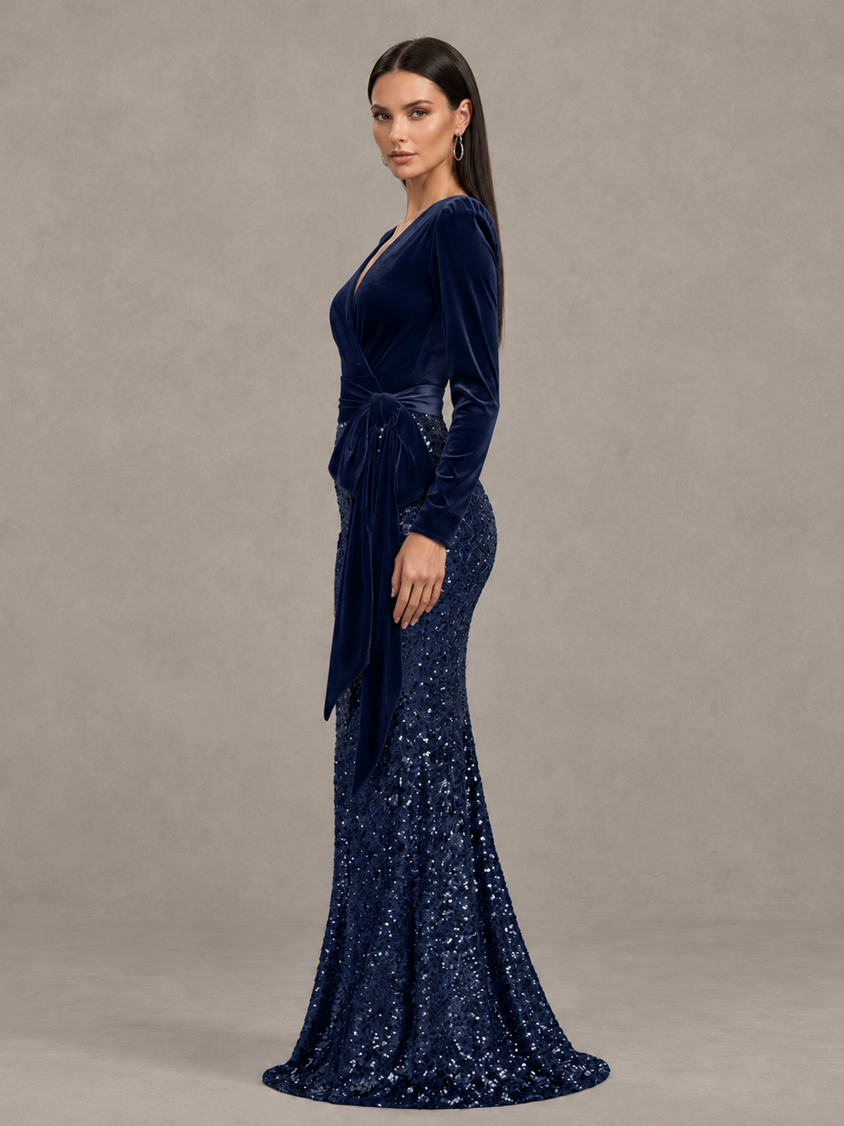 BOLODOO Navy Blue Velvet & Sequin Long Sleeve V-Neck Mermaid Evening Gown - Navy Blue - Navy Blue_4