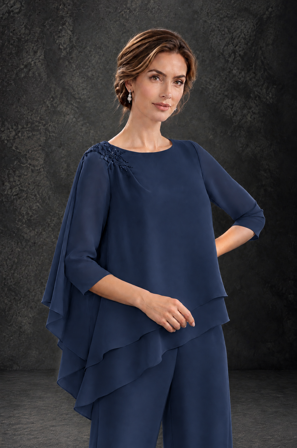 BOLODOO Navy Blue Layered Wide-Leg Mother of the Bride Pant Suit - Navy Blue - Navy Blue_4