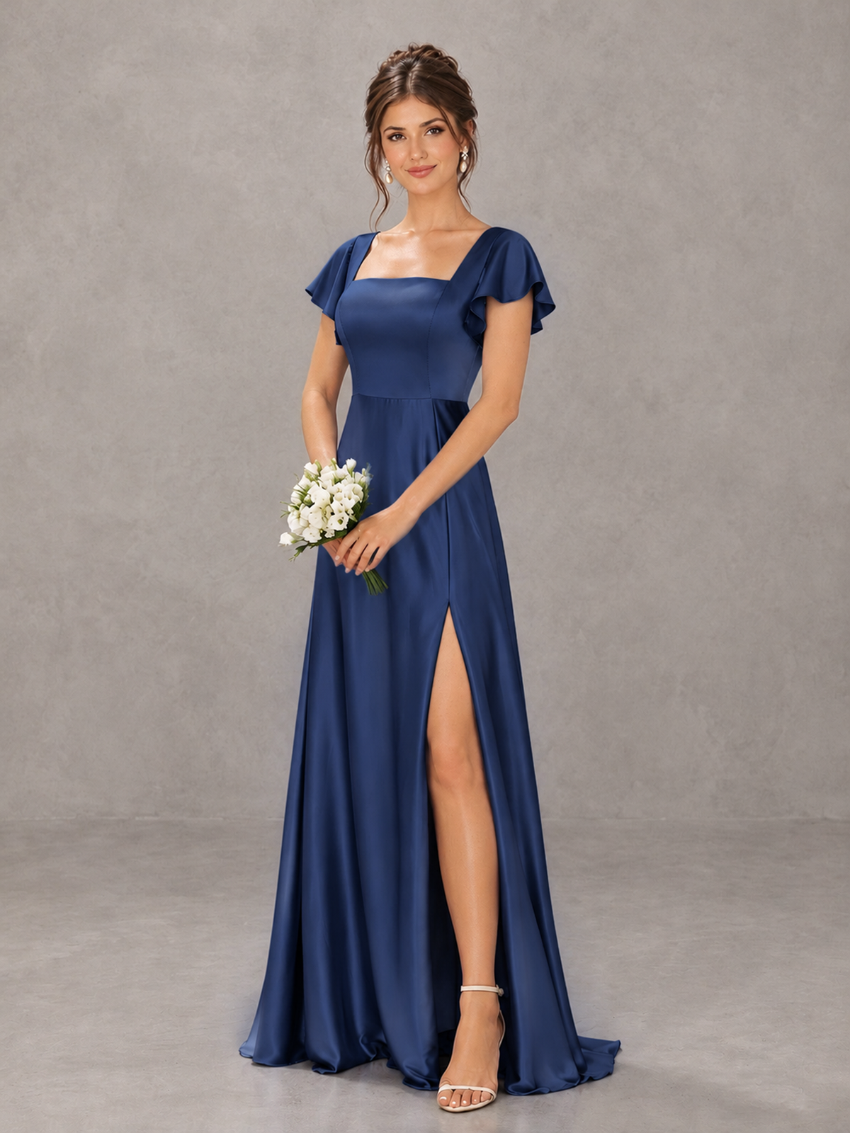 BOLODOO Navy Blue Satin Square Neck Flutter Sleeve A-Line Bridesmaid Dress with Slit - Navy Blue - Navy Blue_4