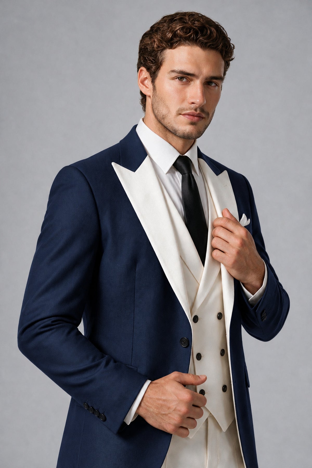 BOLODOO Men's Navy Blue Satin 3-Piece Suit | Blazer, Vest & Trousers Set - Navy Blue - Navy Blue_4
