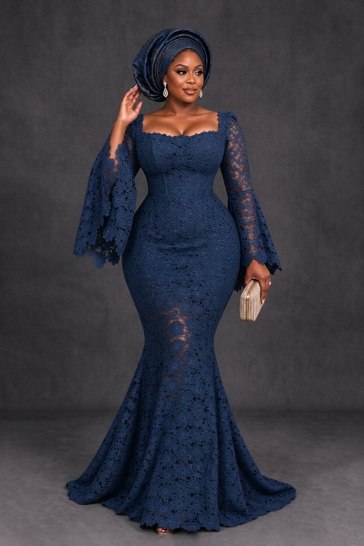 BOLODOO Navy Blue African Lace Mermaid Dress, Plus Size Nigerian Wedding Guest Gown with Bell Sleeves - Navy Blue - Navy Blue_4