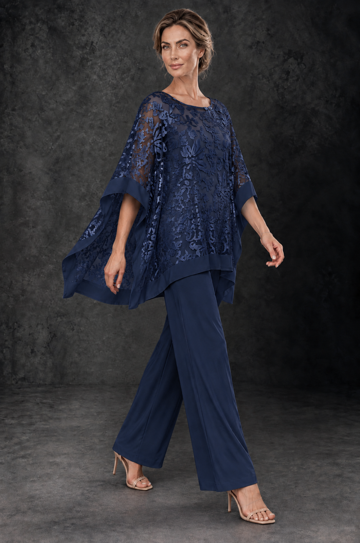 BOLODOO Navy Blue Floral Cape Mother of the Bride Pant Suit - Navy Blue - Navy_Blue_4