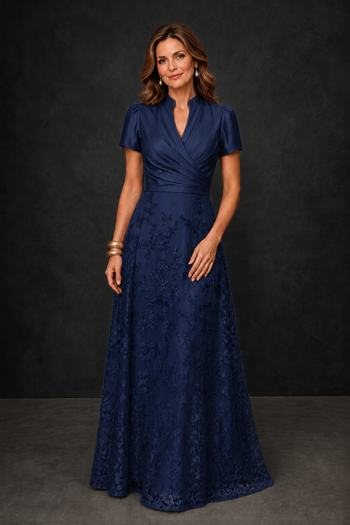 BOLODOO Navy Blue Satin Wrap V-Neck Short Sleeve Lace Glitter A-Line Floor Length Evening Gown – Formal Dress - Navy Blue
