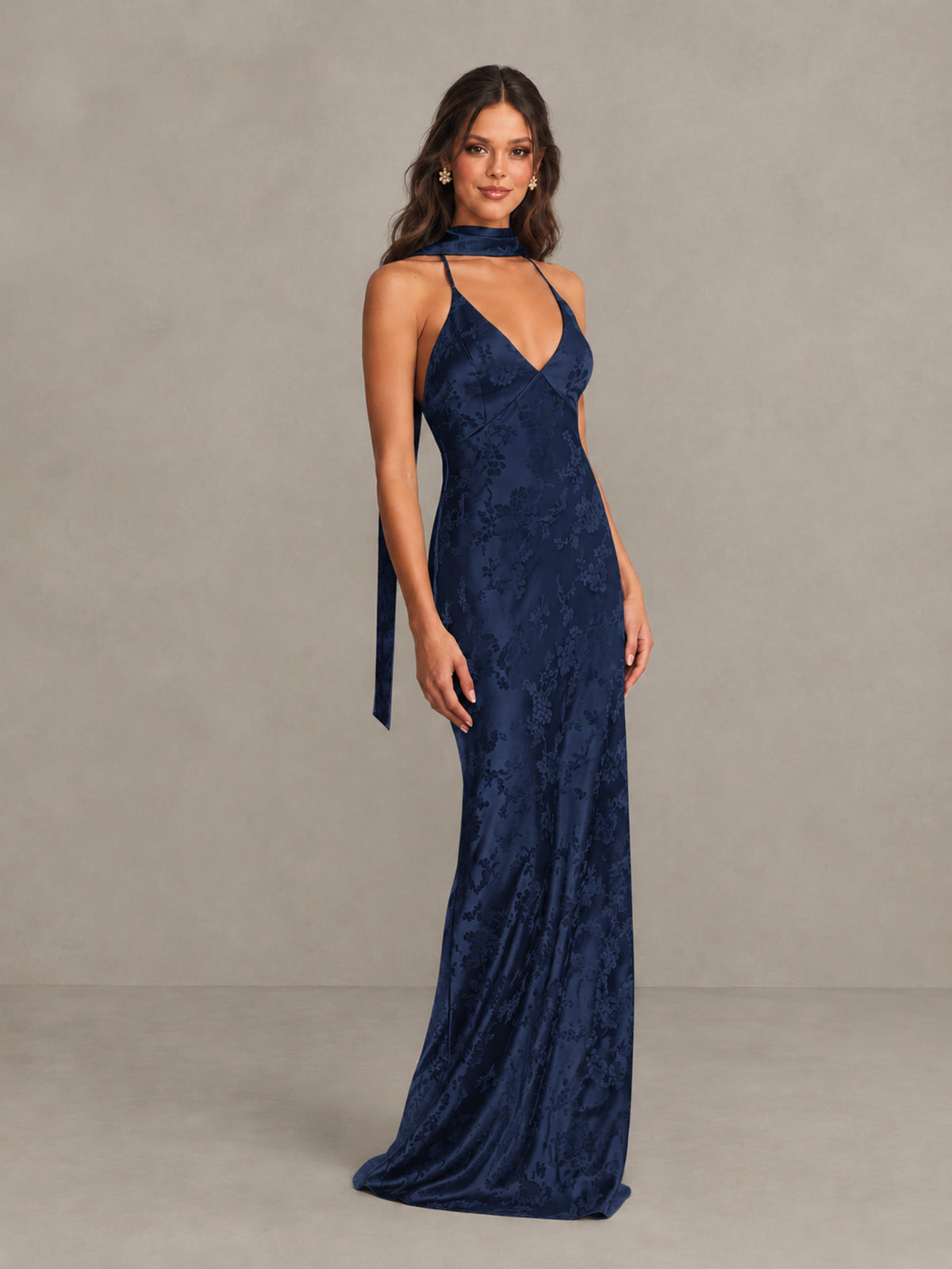 BOLODOO Navy Blue Floral Satin Open-Back Bridesmaid Dress - Navy Blue - Navy Blue_4