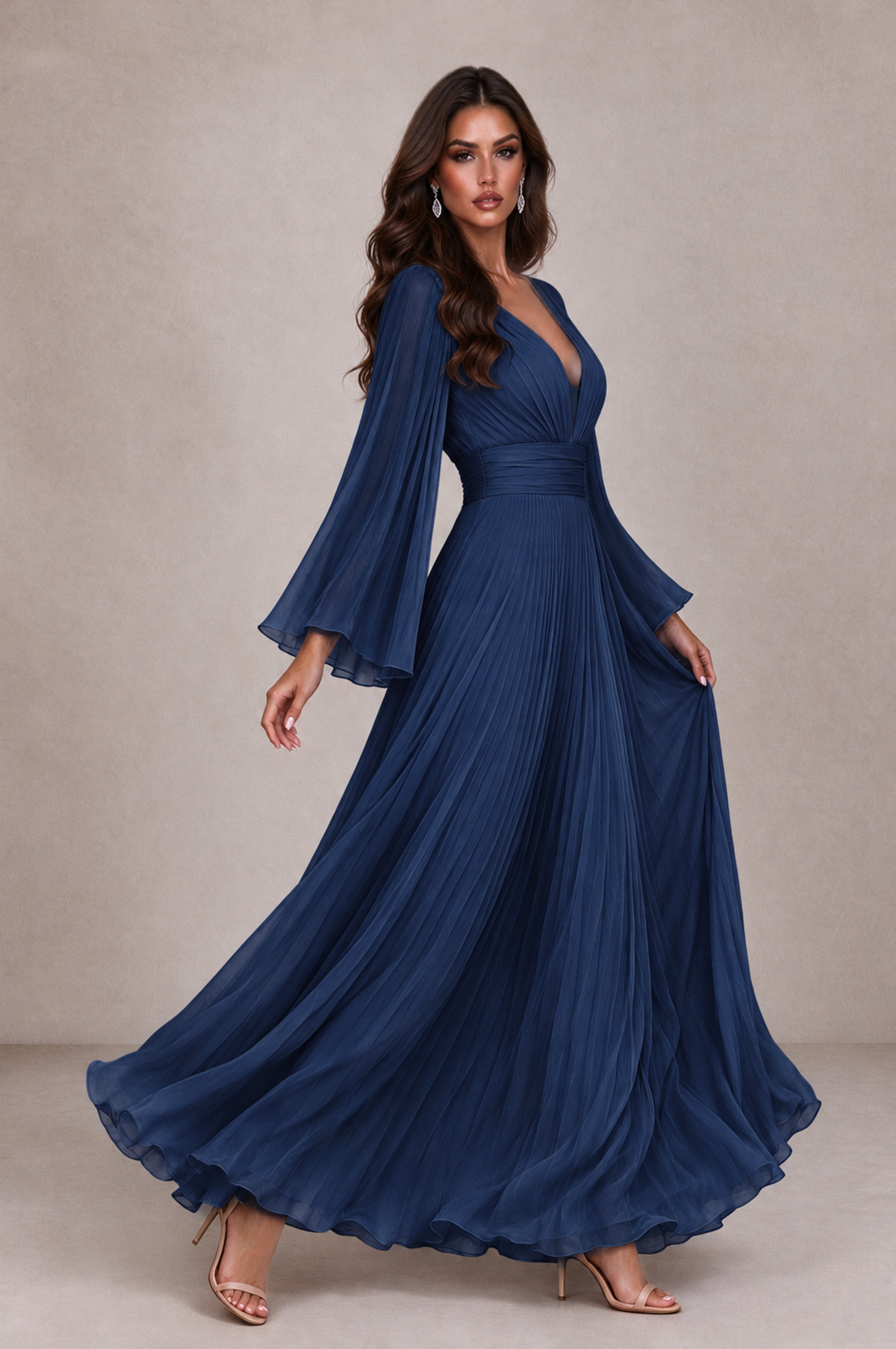 BOLODOO Navy Blue Pleated Deep V-Neck Long Bell Sleeve Evening Dress - Navy Blue - Navy_Blue_4