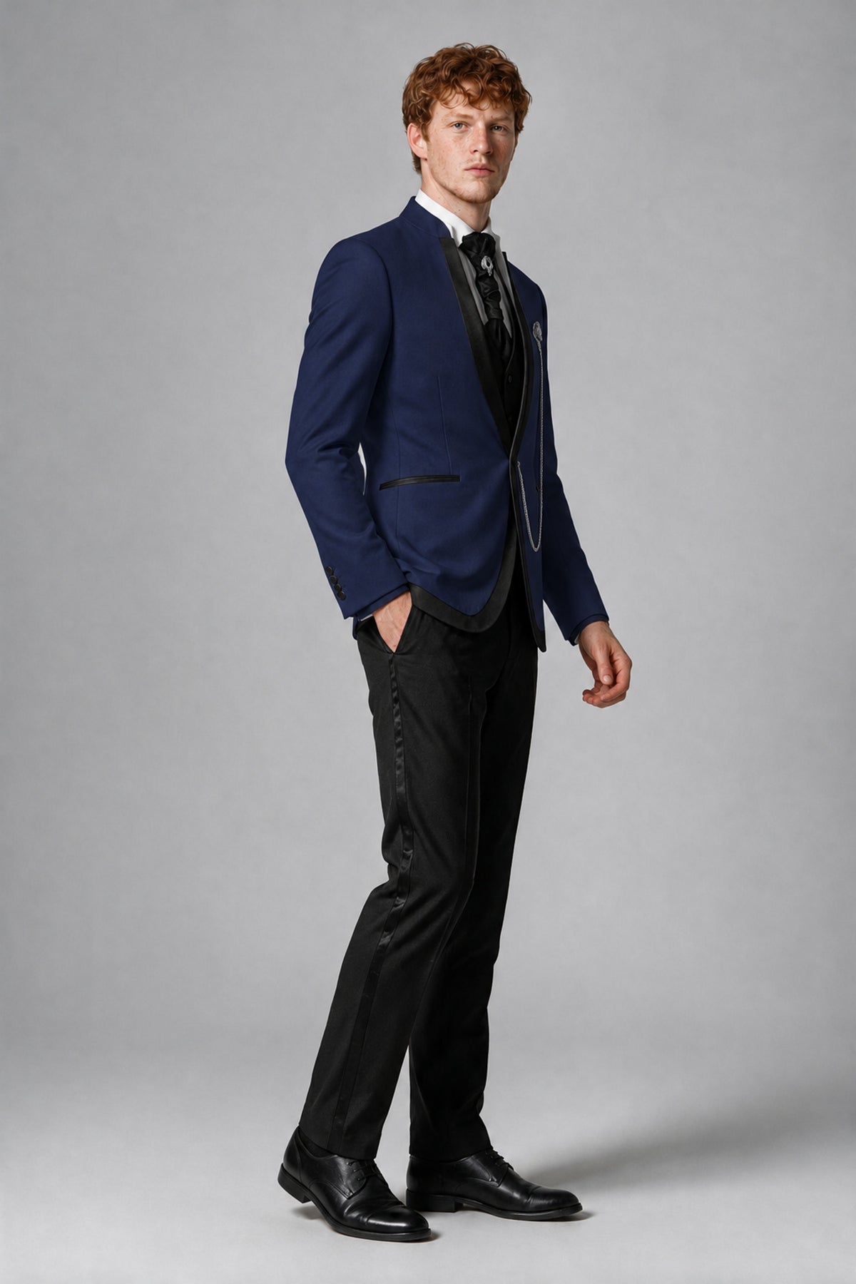 Bolodoo Men's Navy Blue 3-Piece Shawl Lapel Tuxedo Suit with Vest - Navy Blue - Navy Blue_4