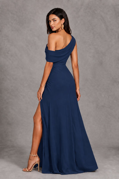 Navy Blue One-Shoulder Floor-Length Evening Gown with High Slit - Navy Blue