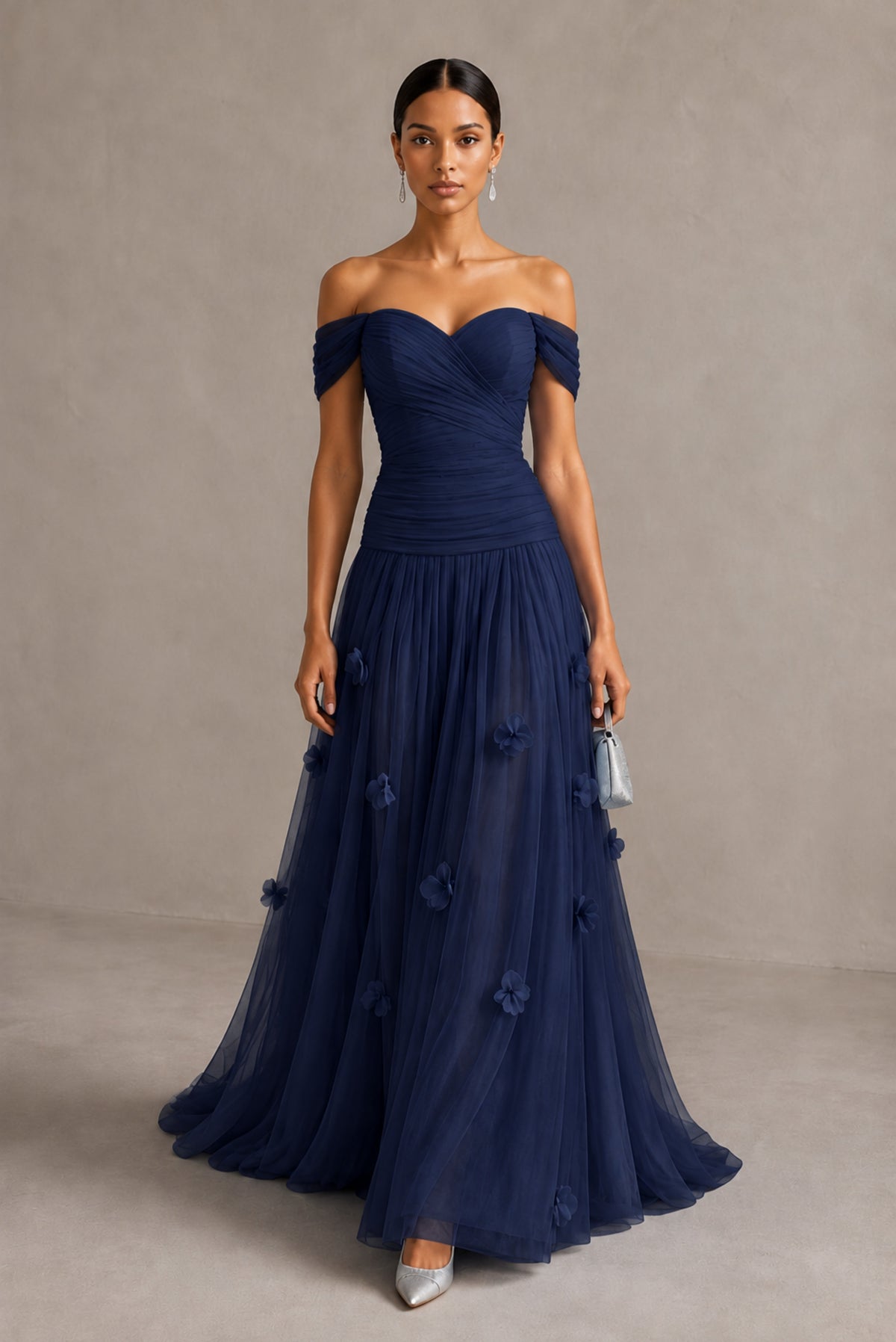 Navy Blue Off-Shoulder Sweetheart A-Line Tulle Gown with 3D Floral Appliques | BOLODOO - Navy Blue
