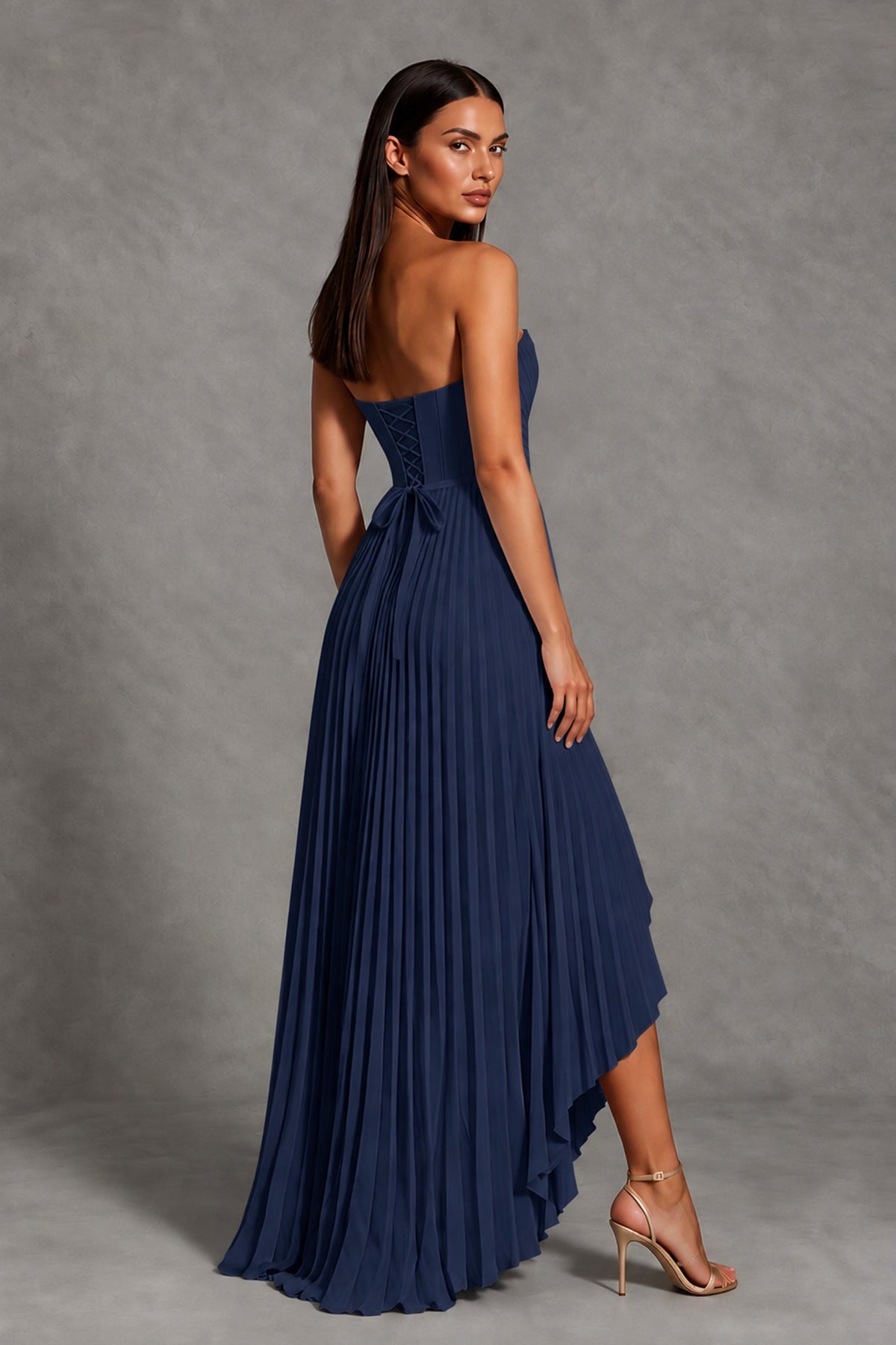 Navy Blue Strapless Pleated High-Low Evening Gown with Ruffle Hem - Navy Blue