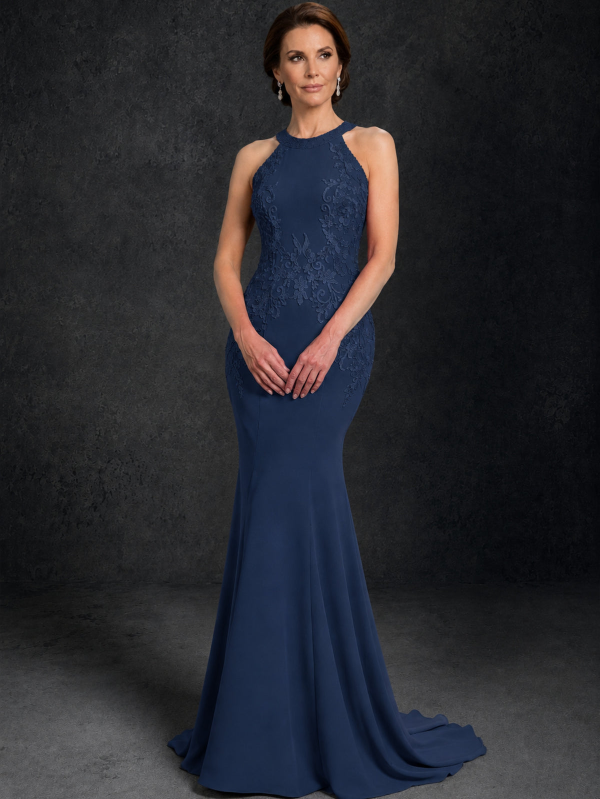 BOLODOO Navy Blue Lace Applique Halter Neck Sheer Back Mermaid Maxi Dress with Sweep Train - Navy Blue