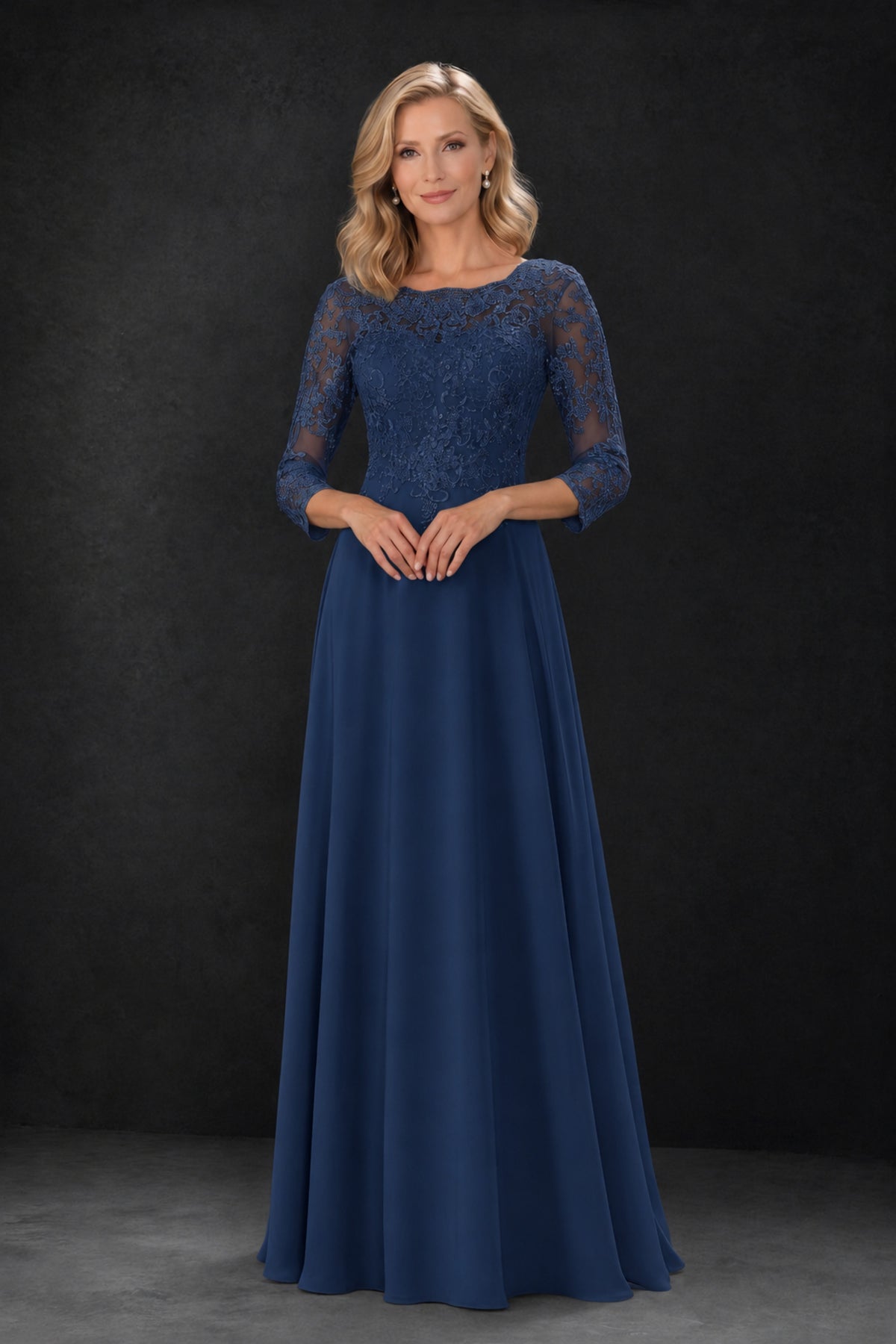 BOLODOO Navy Blue Lace Embroidered Mother of the Bride Dress with 3/4 Sleeves - Navy Blue