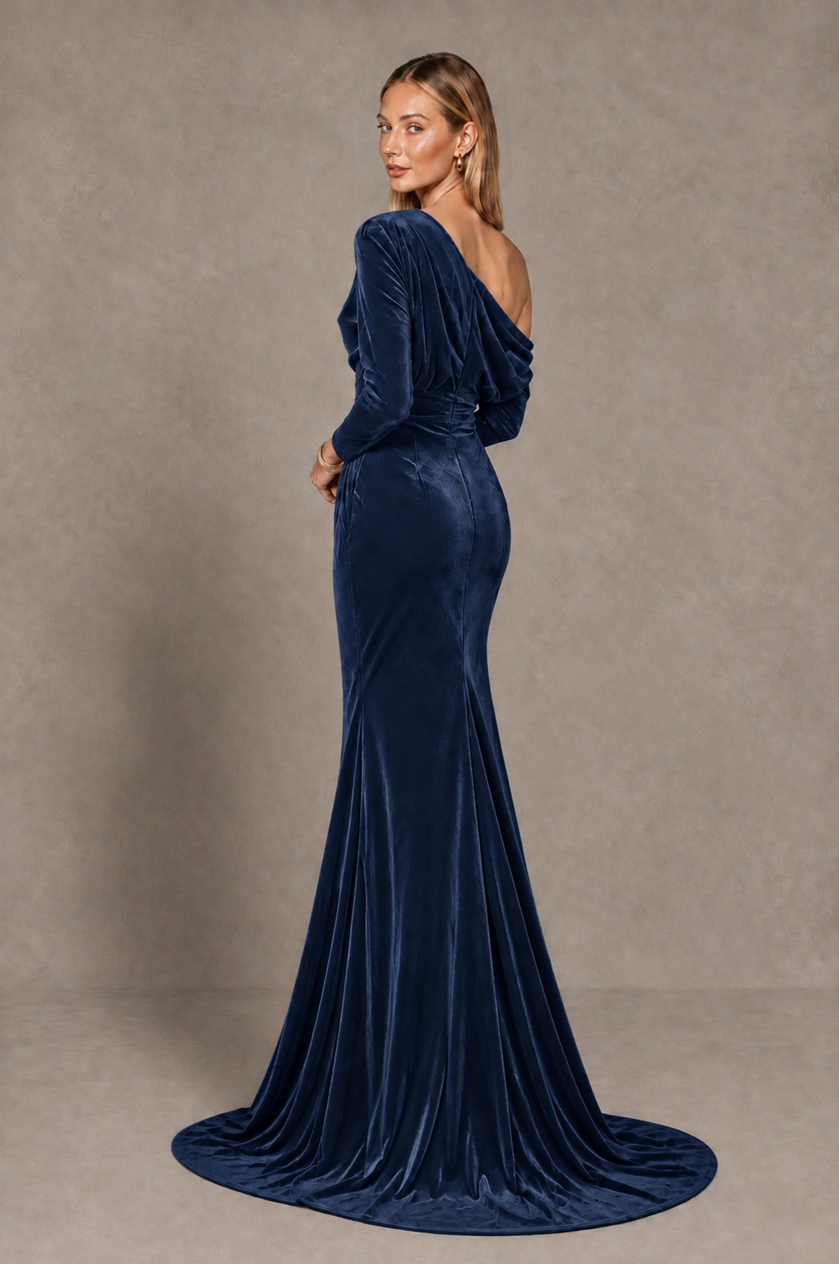 BOLODOO Navy Blue Velvet Asymmetric Neck Mermaid Evening Dress - Navy Blue - Navy_Blue_4