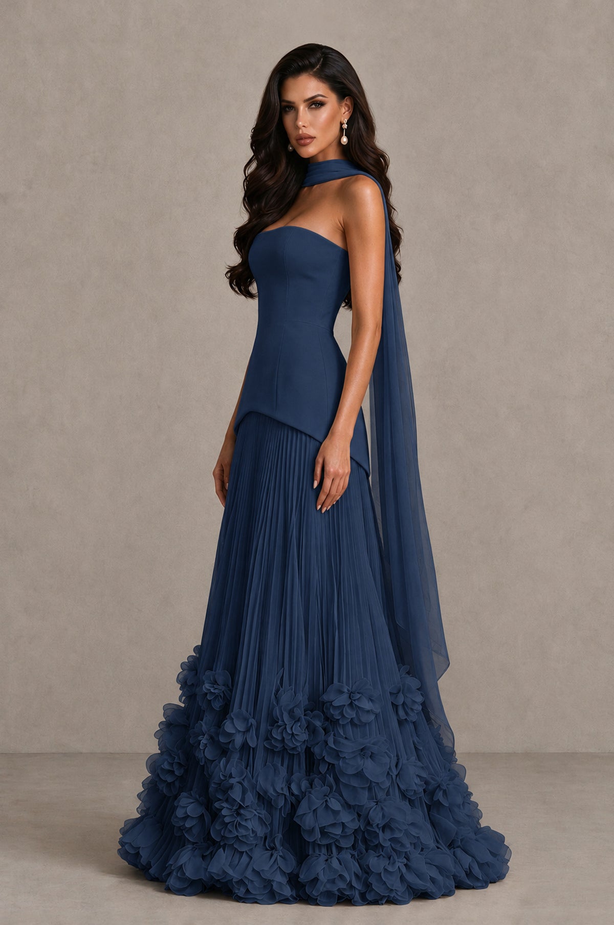 BOLODOO Navy Blue Strapless Pleated Floral Hem Evening Gown - Navy Blue - Navy Blue_4