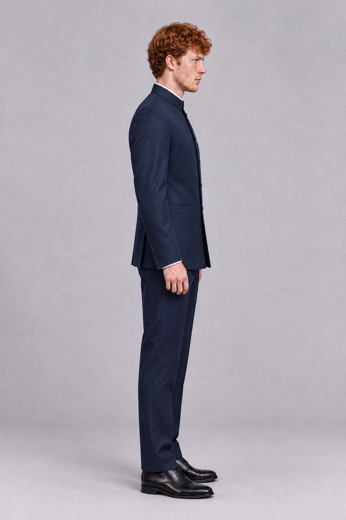 BOLODOO Men's Navy Blue Mandarin Collar Two-Piece Suit - Navy Blue - Navy Blue_4
