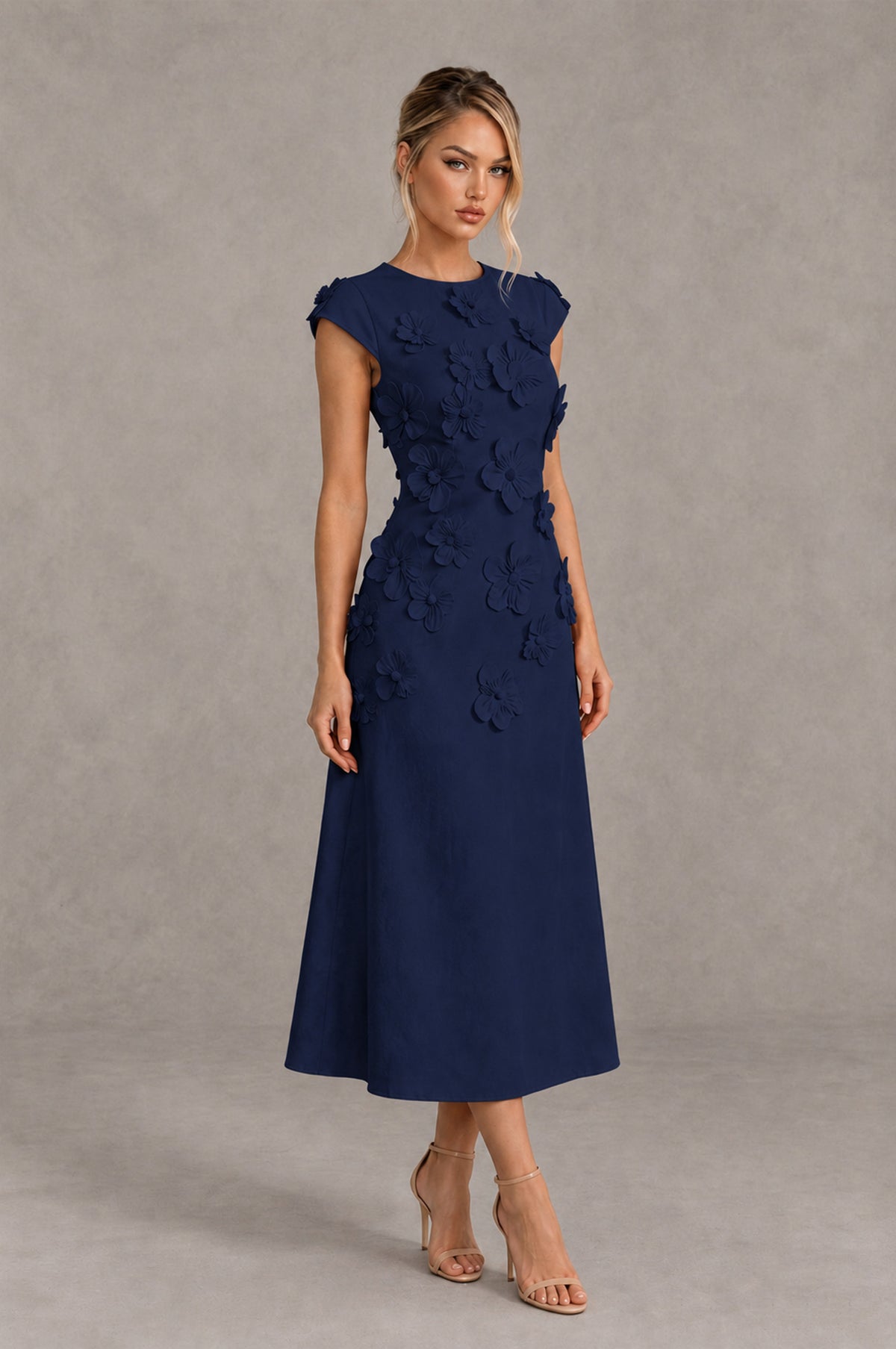 BOLODOO Navy Blue 3D Floral Cap Sleeve Midi Cocktail Dress - Navy Blue - Navy Blue_4