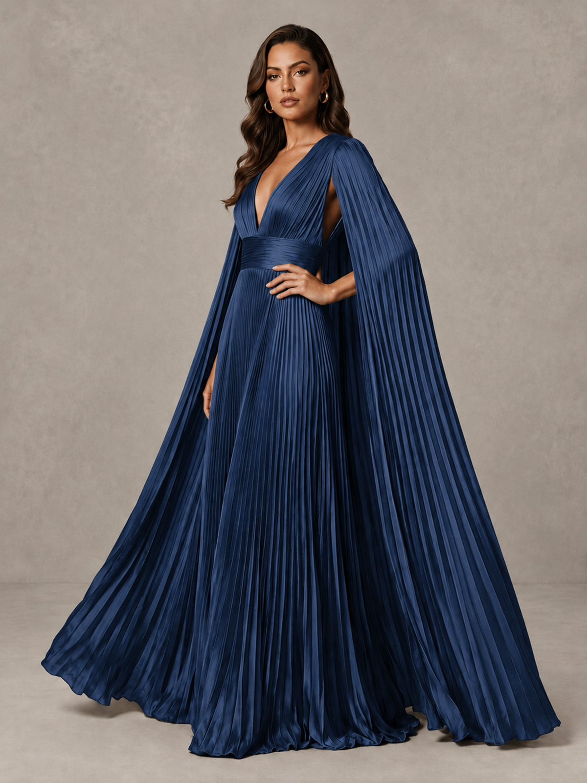 BOLODOO Navy Blue Deep V-Neck Pleated Cape Sleeve Evening Gown - Navy Blue - Navy Blue_4