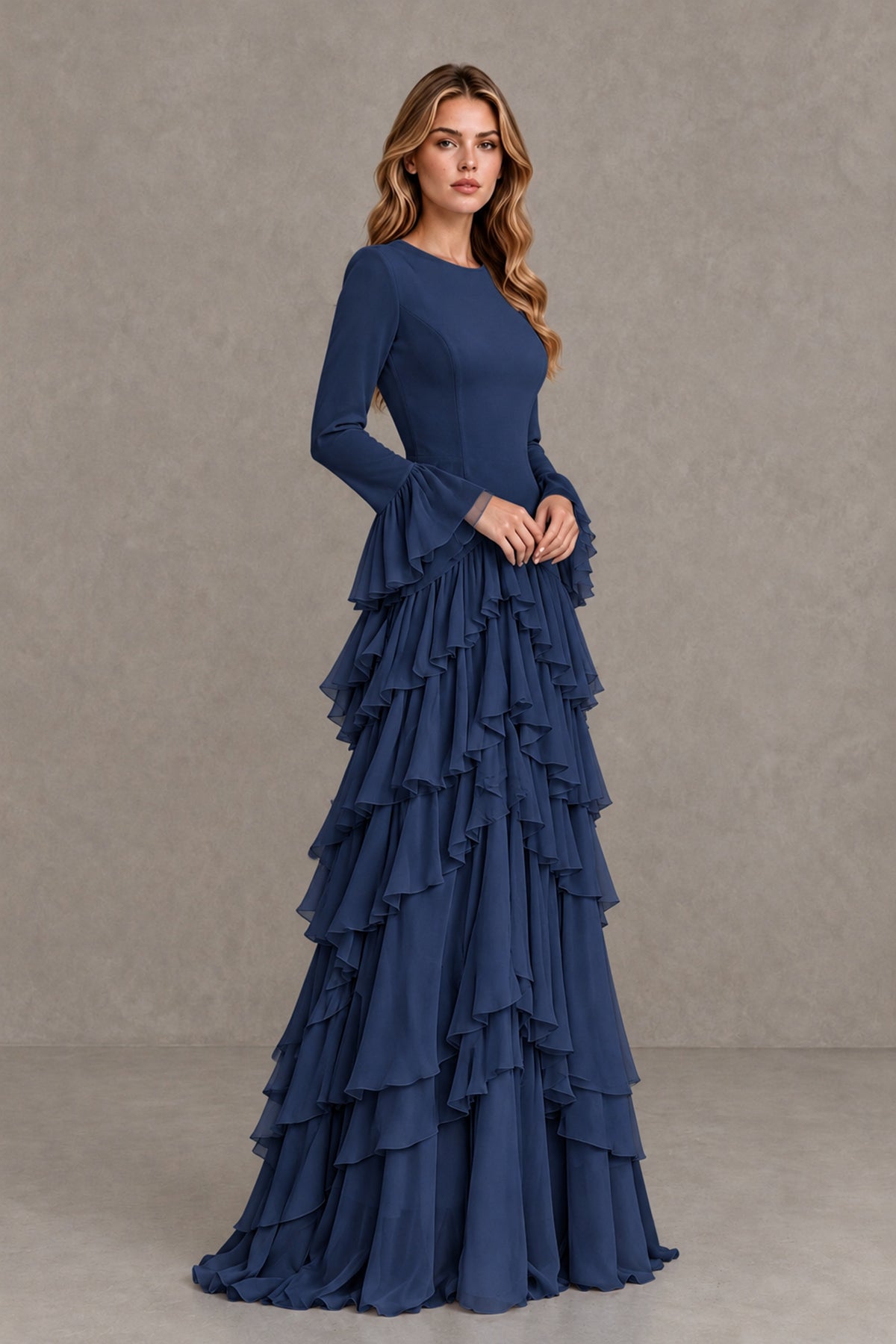 Navy Blue Long Sleeve Tiered Ruffle Evening Gown - Navy Blue - Navy Blue_4