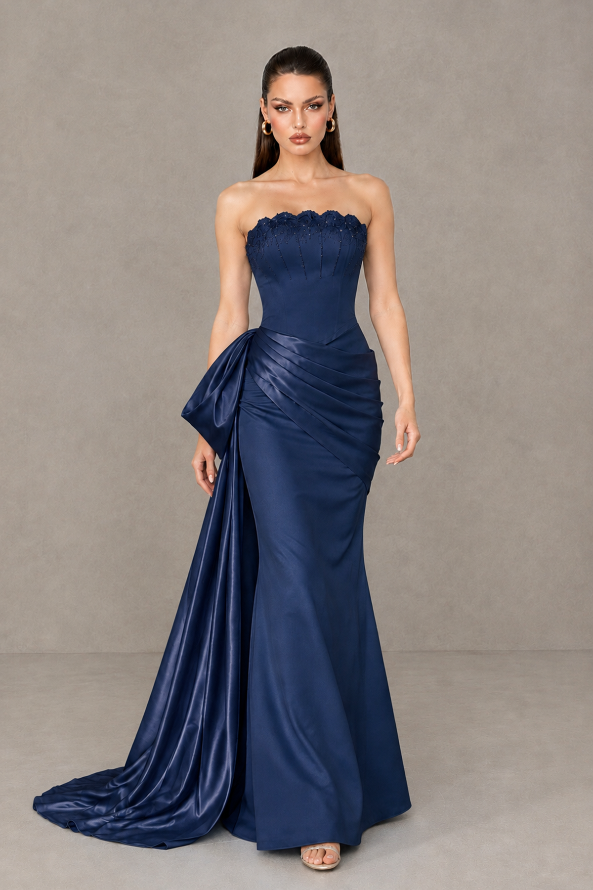 BOLODOO Navy Blue Strapless Satin Prom Dress with Draped Side Train - Navy Blue - Navy_Blue_4
