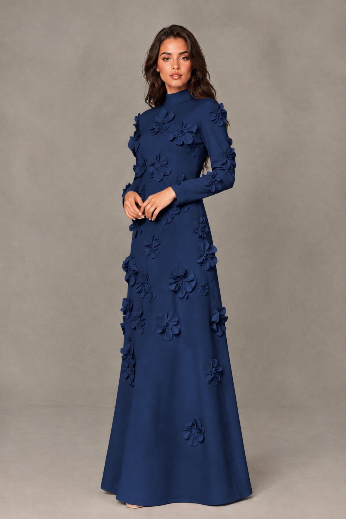 BOLODOO Navy Blue High Neck Long Sleeve 3D Floral Evening Gown - Navy Blue