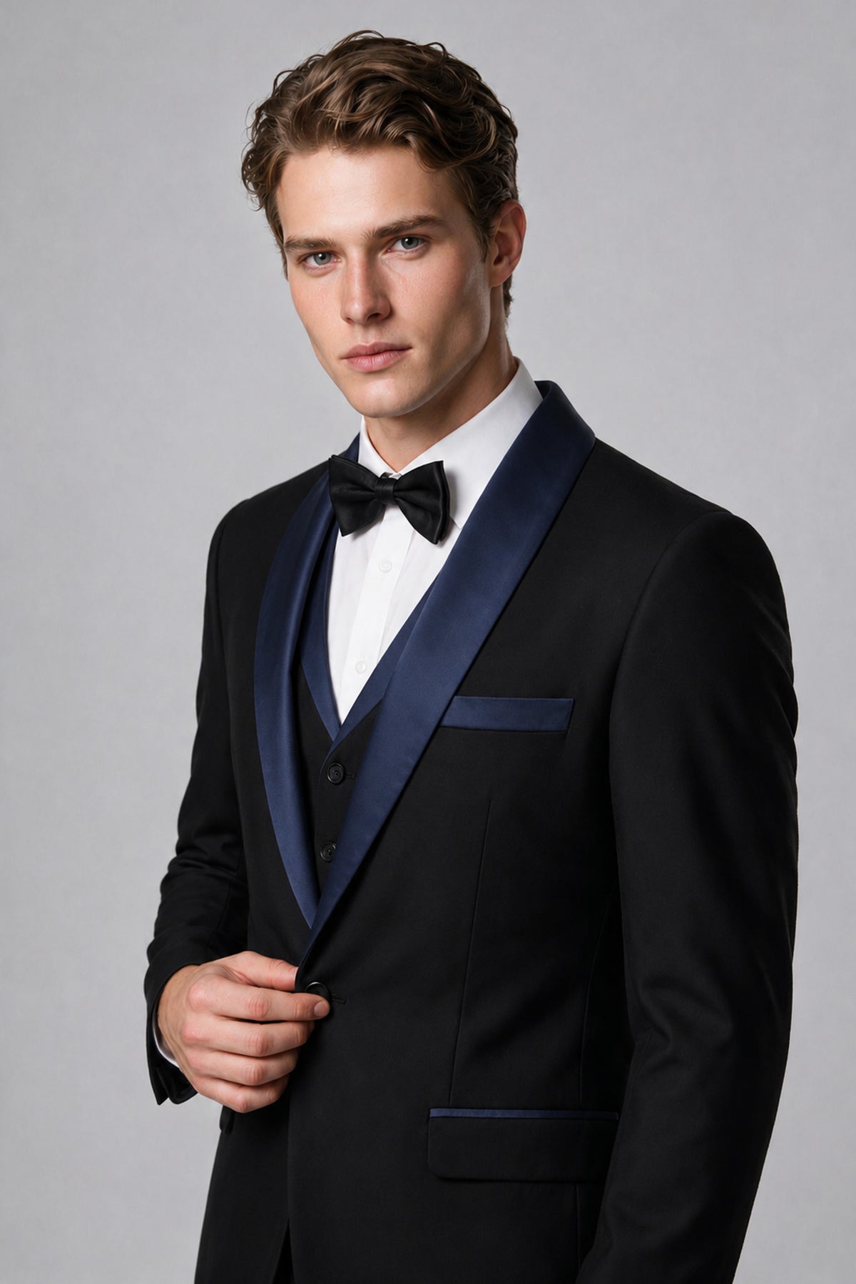 Bolodoo Men's Navy Blue 3-Piece Shawl Lapel Tuxedo Suit - Navy Blue - Navy Blue_4