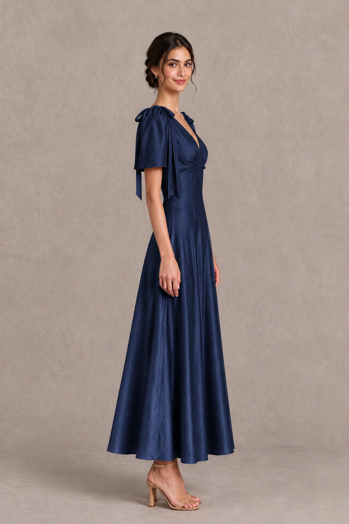 BOLODOO Navy Blue V-Neck Short Sleeve Satin-Look Bridesmaid Dress with Shoulder Bows - Navy Blue - Navy Blue_4