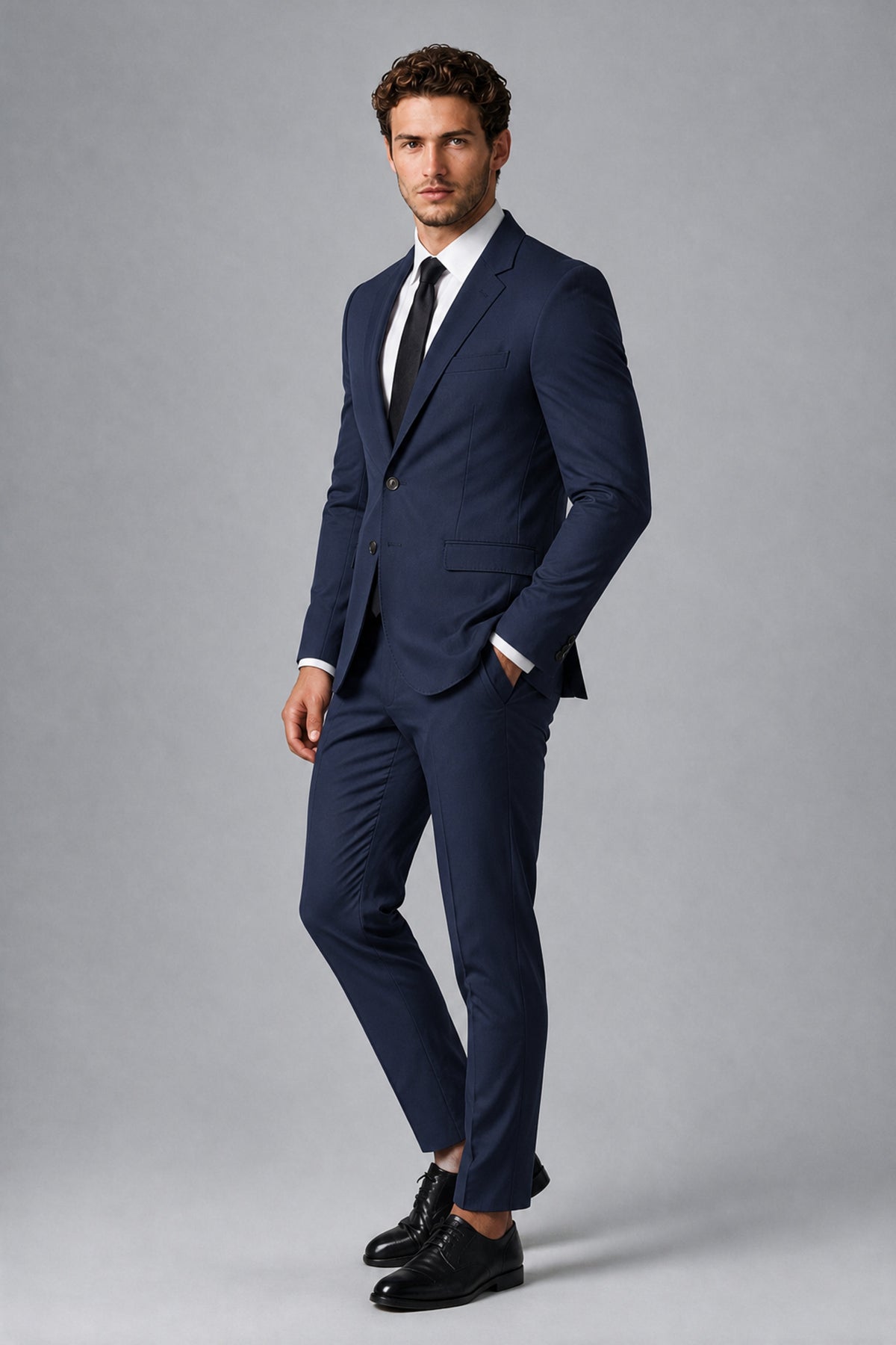 Bolodoo Men's Navy Blue Two-Piece Suit with Notch-Lapel Jacket & Trousers - Navy Blue - Navy_Blue_4