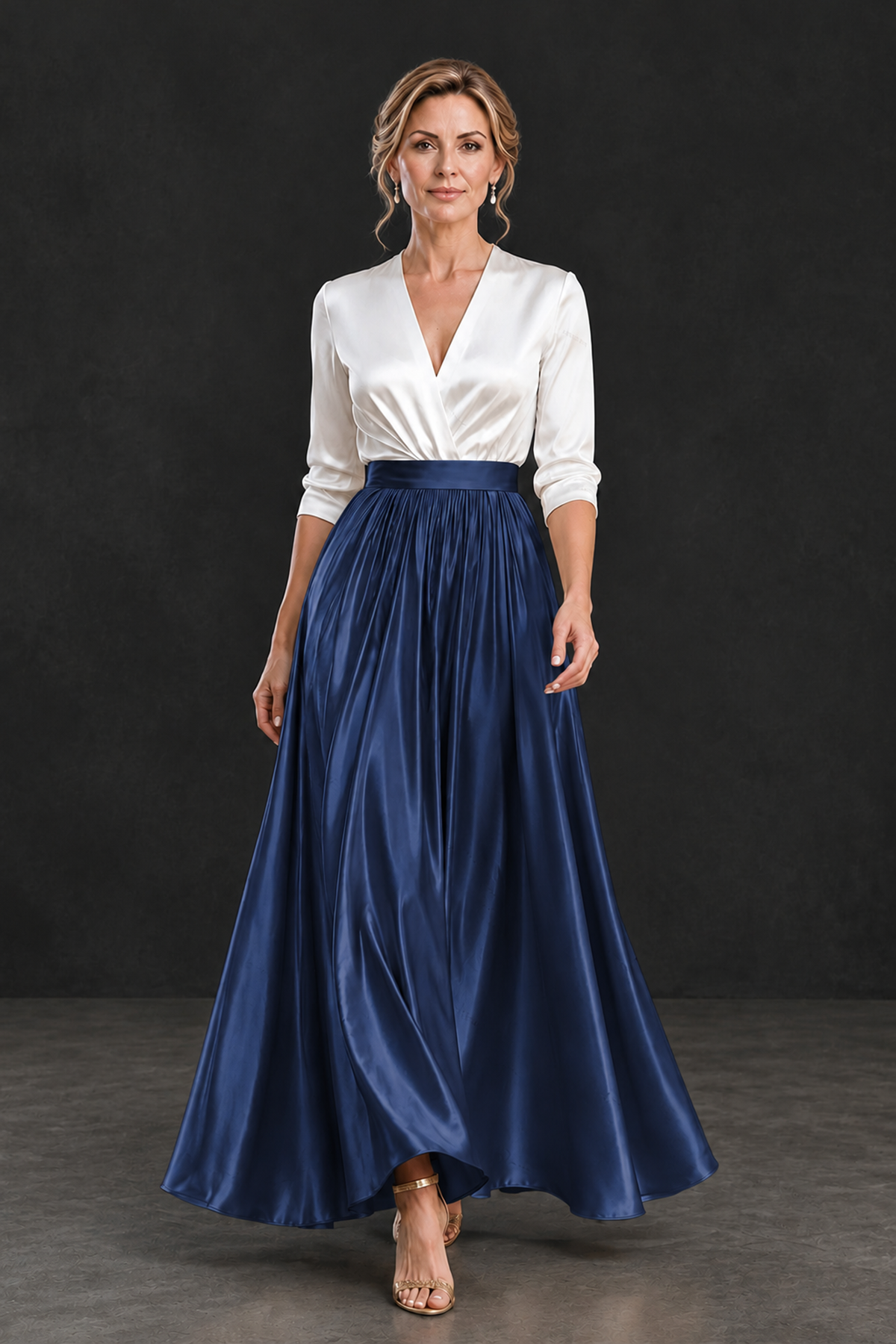 BOLODOO Navy Blue and White V-Neck A-Line Mother of the Bride Dress - Navy Blue - Navy Blue_4
