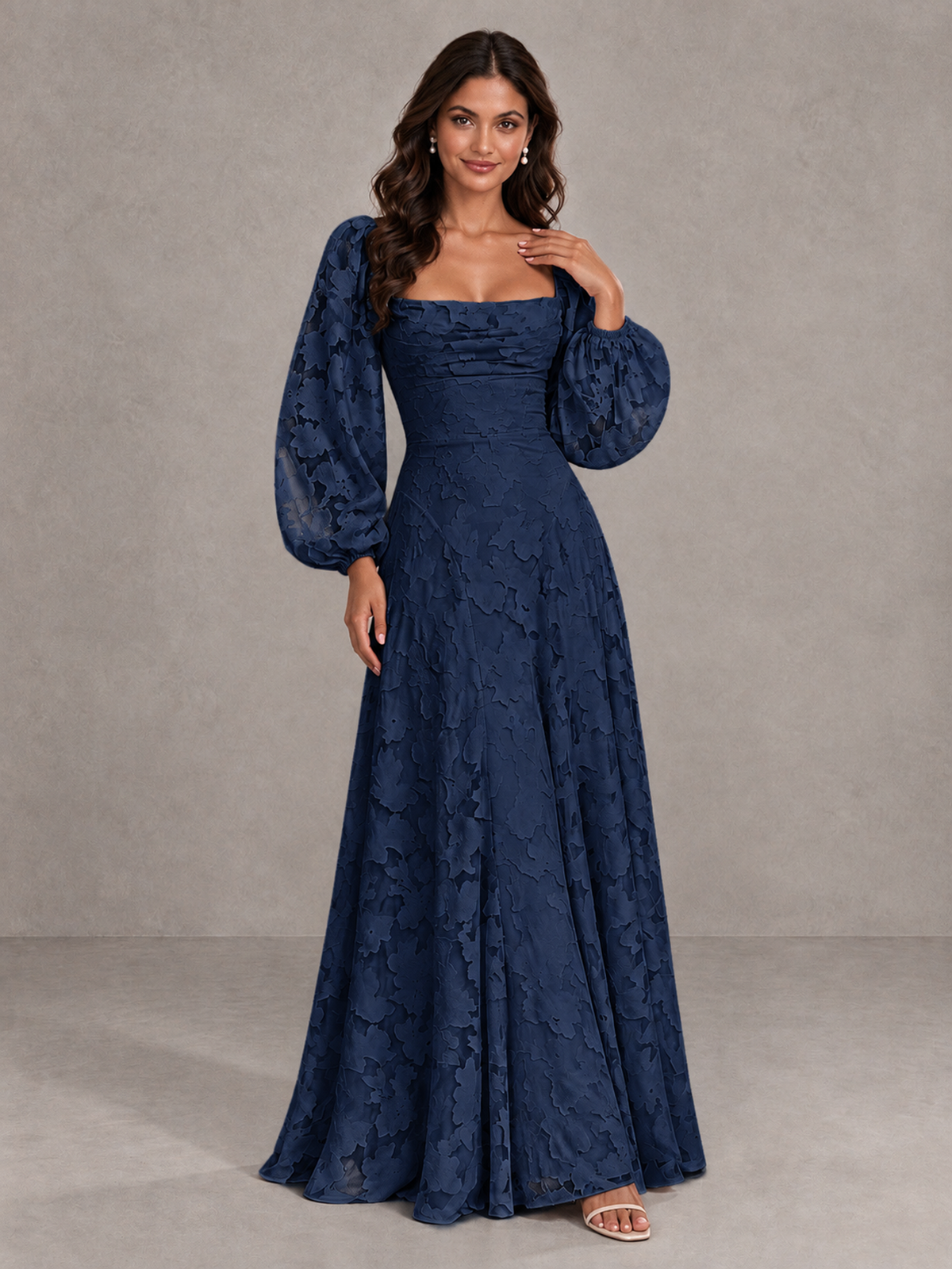 BOLODOO Navy Blue Floral Long Sleeve A-Line Bridesmaid Dress - Navy Blue - Navy Blue_4