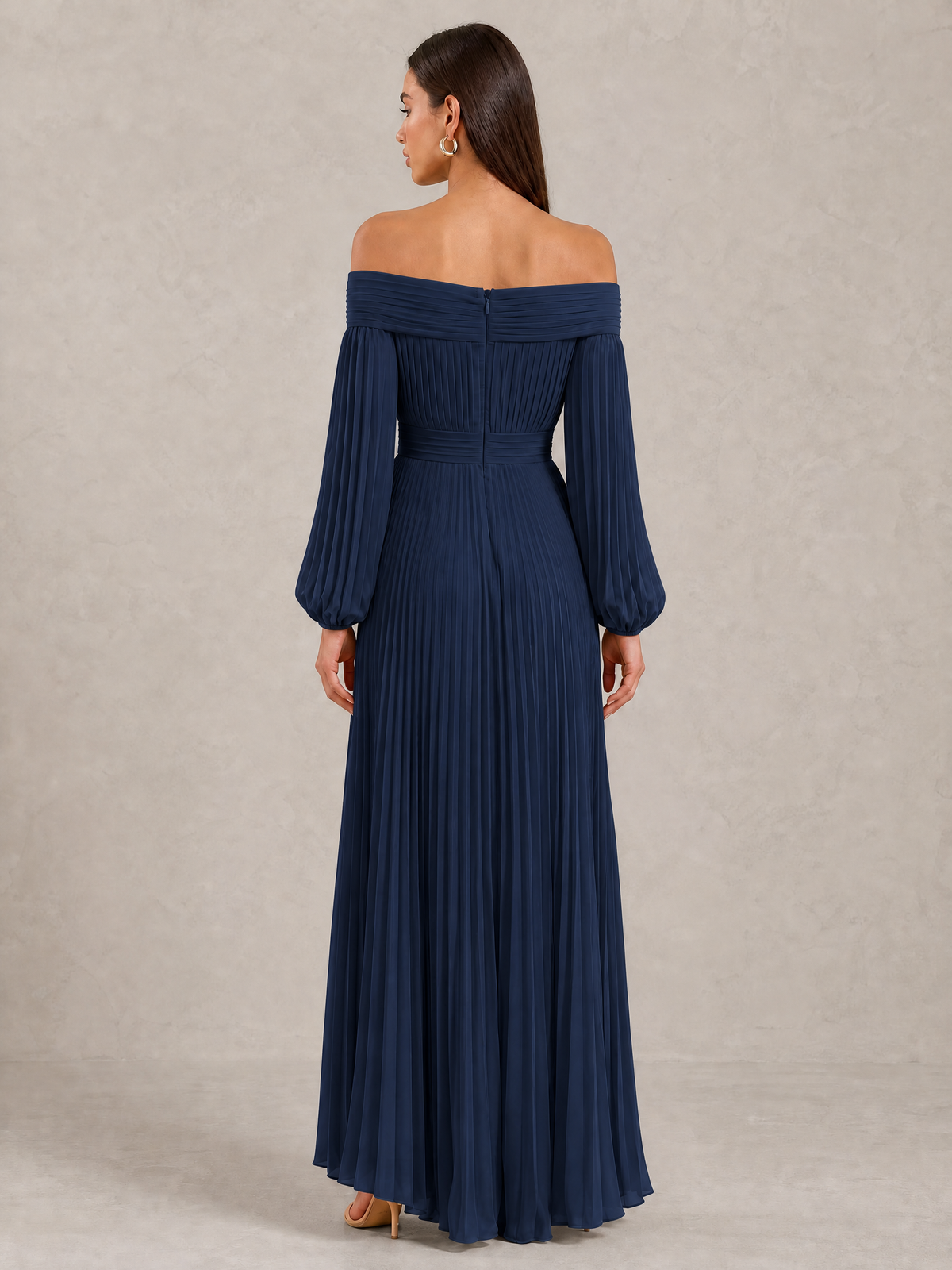 BOLODOO Navy Blue Off-Shoulder Long Sleeve Pleated High-Low Dress - Navy Blue - Navy_Blue_4