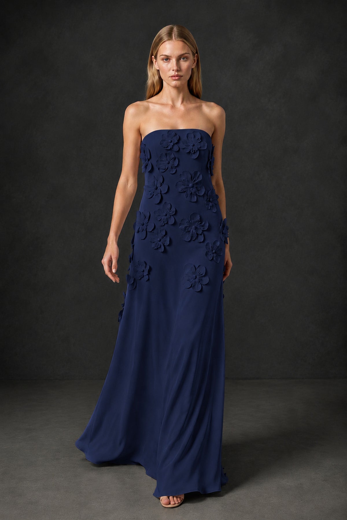 BOLODOO Navy Blue Strapless 3D Floral Appliqué Crepe Maxi Gown - Navy Blue