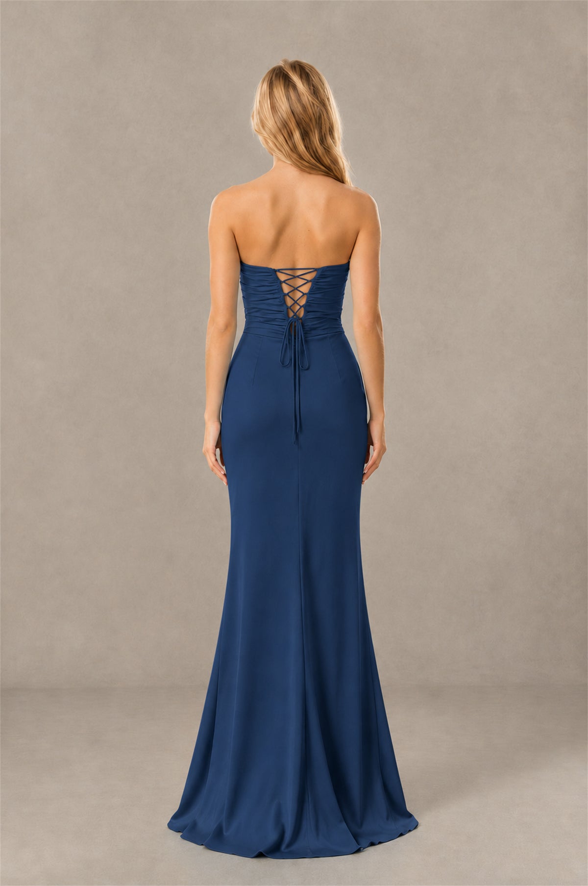 BOLODOO Navy Blue Sweetheart Strapless Twist Knot Cutout Lace-Up Back Satin Mermaid Maxi Dress - Navy Blue - Navy Blue(4)