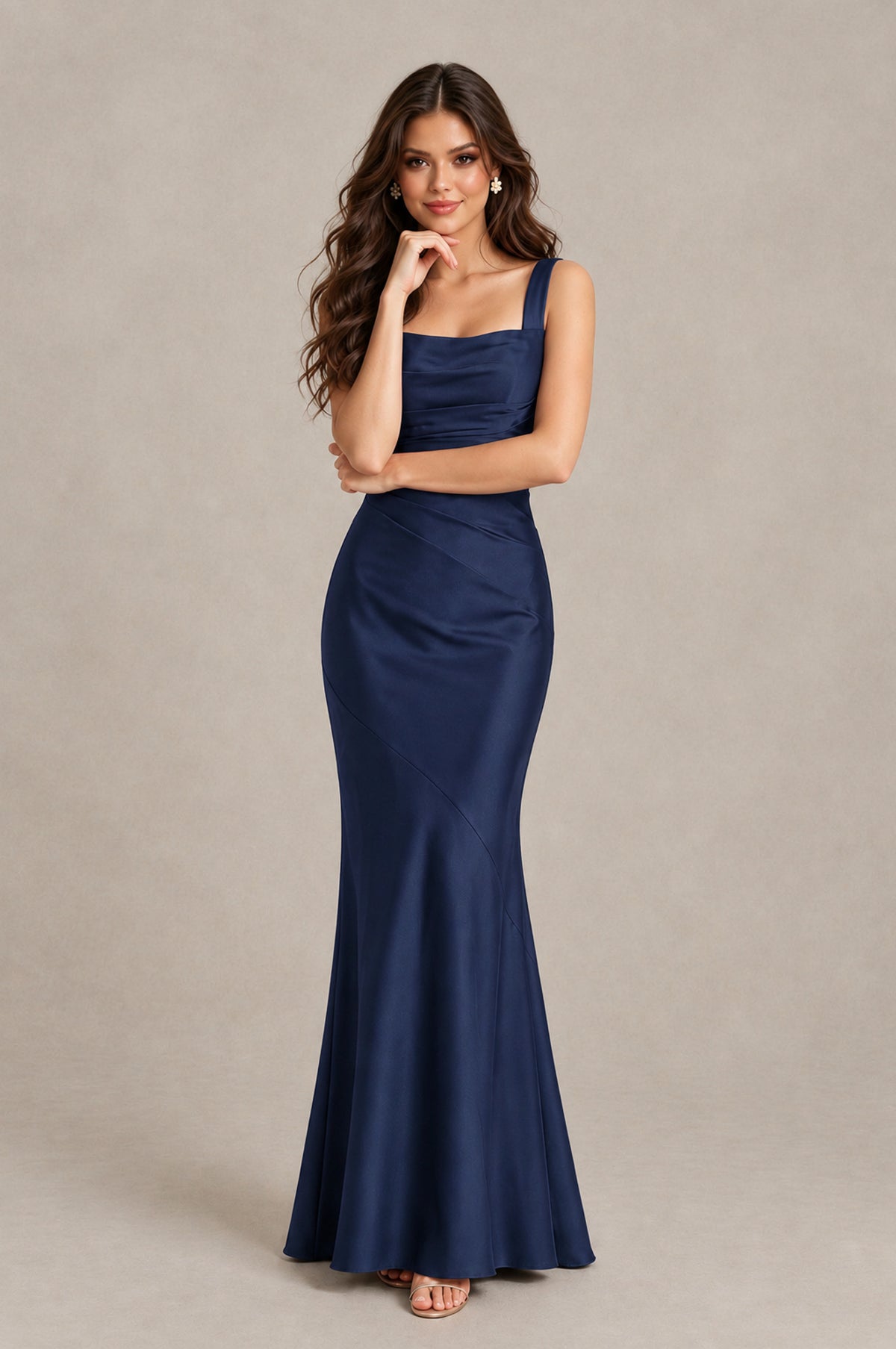 BOLODOO Navy Blue Square Neck Ruched Satin Lace-Up Bridesmaid Dress - Navy Blue - Navy Blue_4