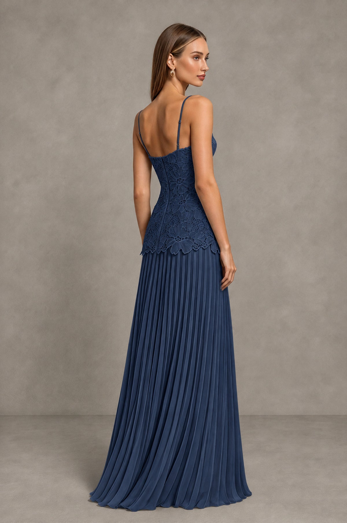 BOLODOO Navy Blue Lace Bodice Pleated Wedding Guest Dress - Navy Blue - Navy Blue_4