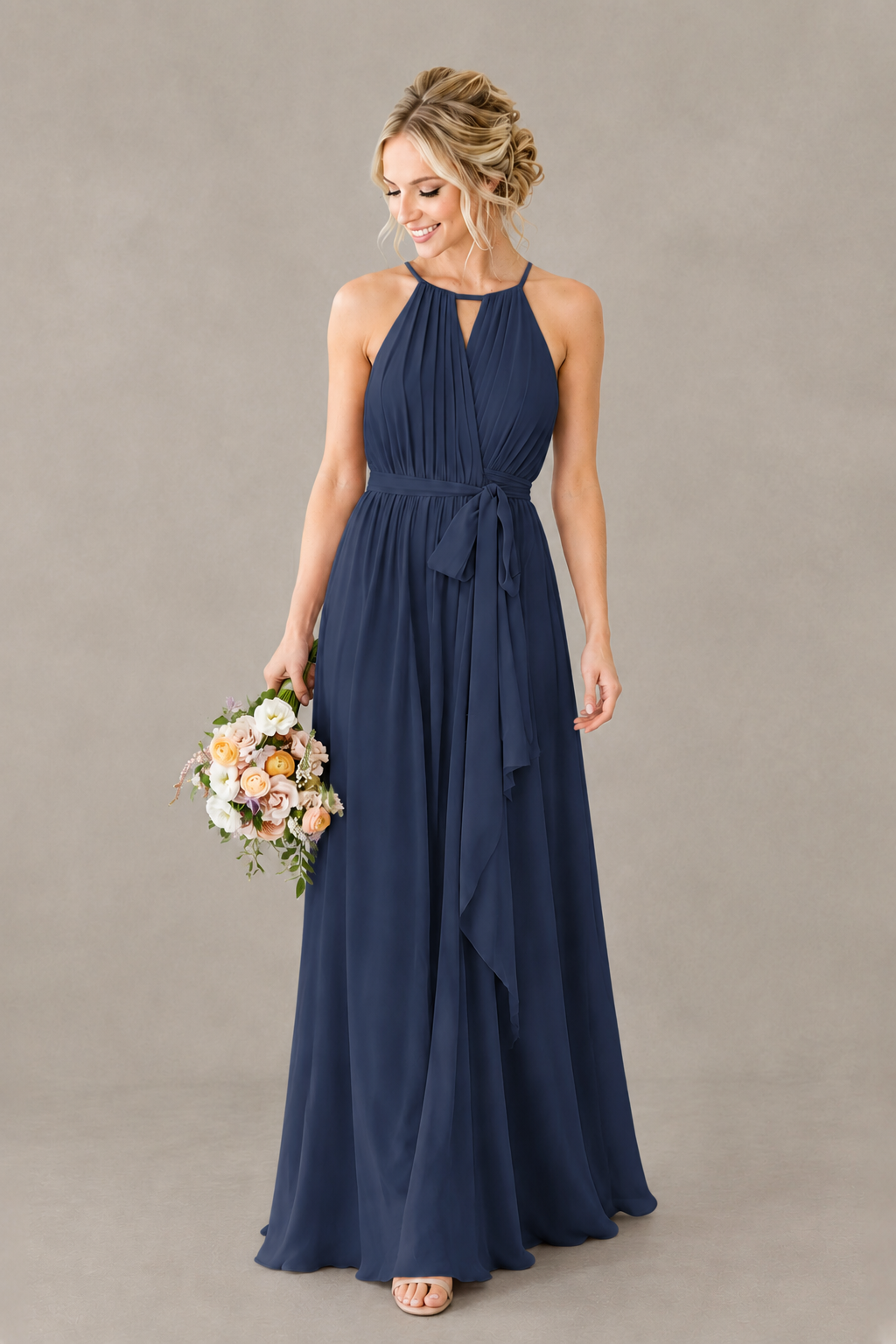 BOLODOO Navy Blue Halter Chiffon Bridesmaid Dress with High Slit - Navy Blue