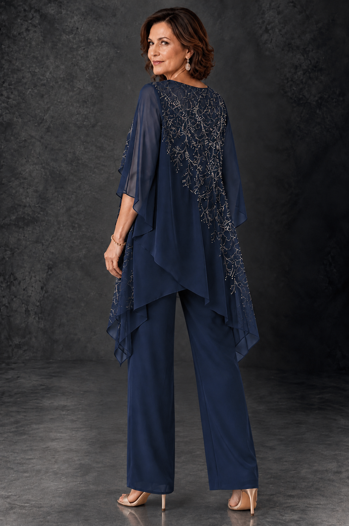 BOLODOO Navy Blue Embellished Cape Pant Suit for Mother of the Bride - Navy Blue - Navy_Blue_4