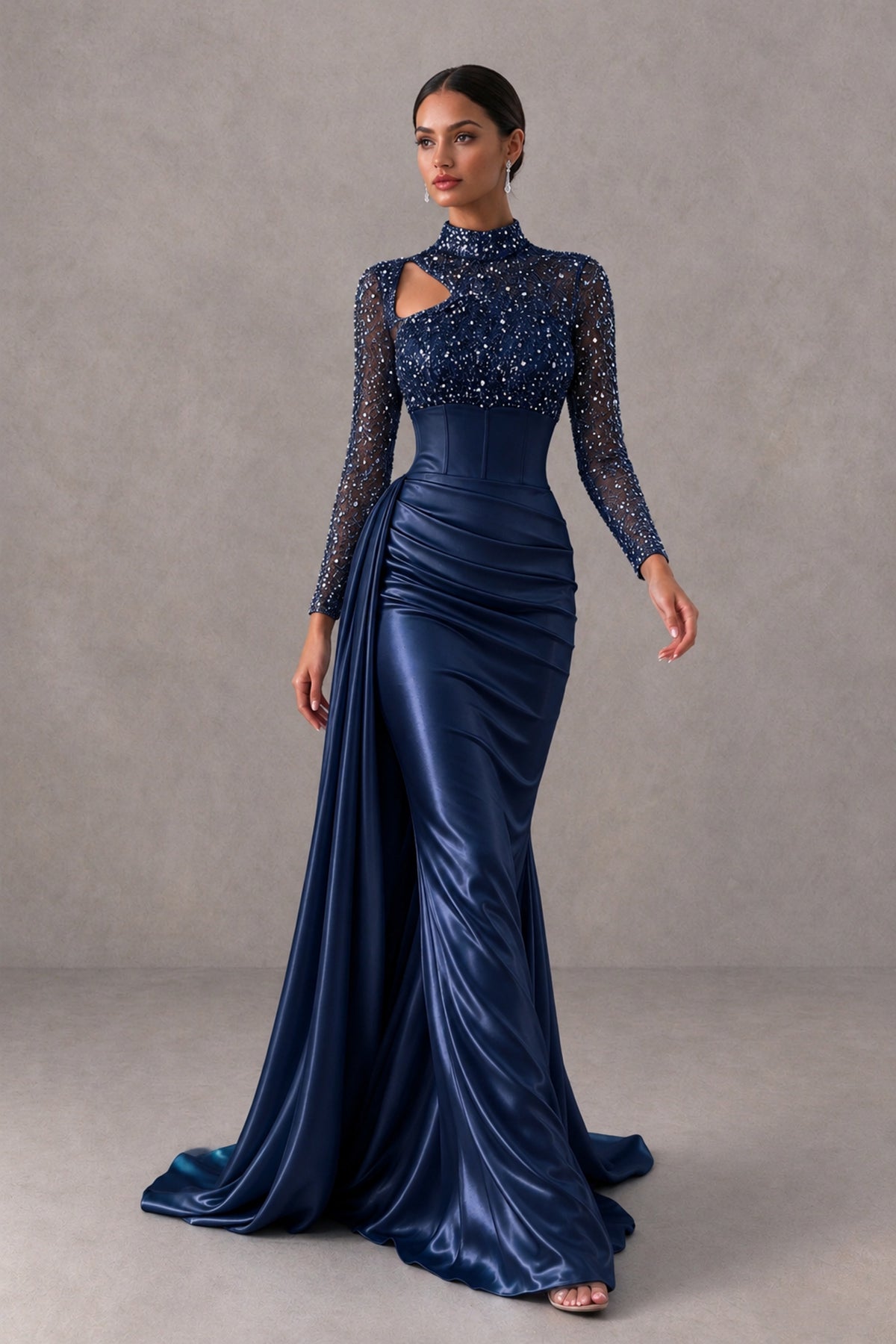 BOLODOO Navy Blue Long Sleeve Embellished Satin Mermaid Evening Gown - Navy Blue - Navy Blue_4