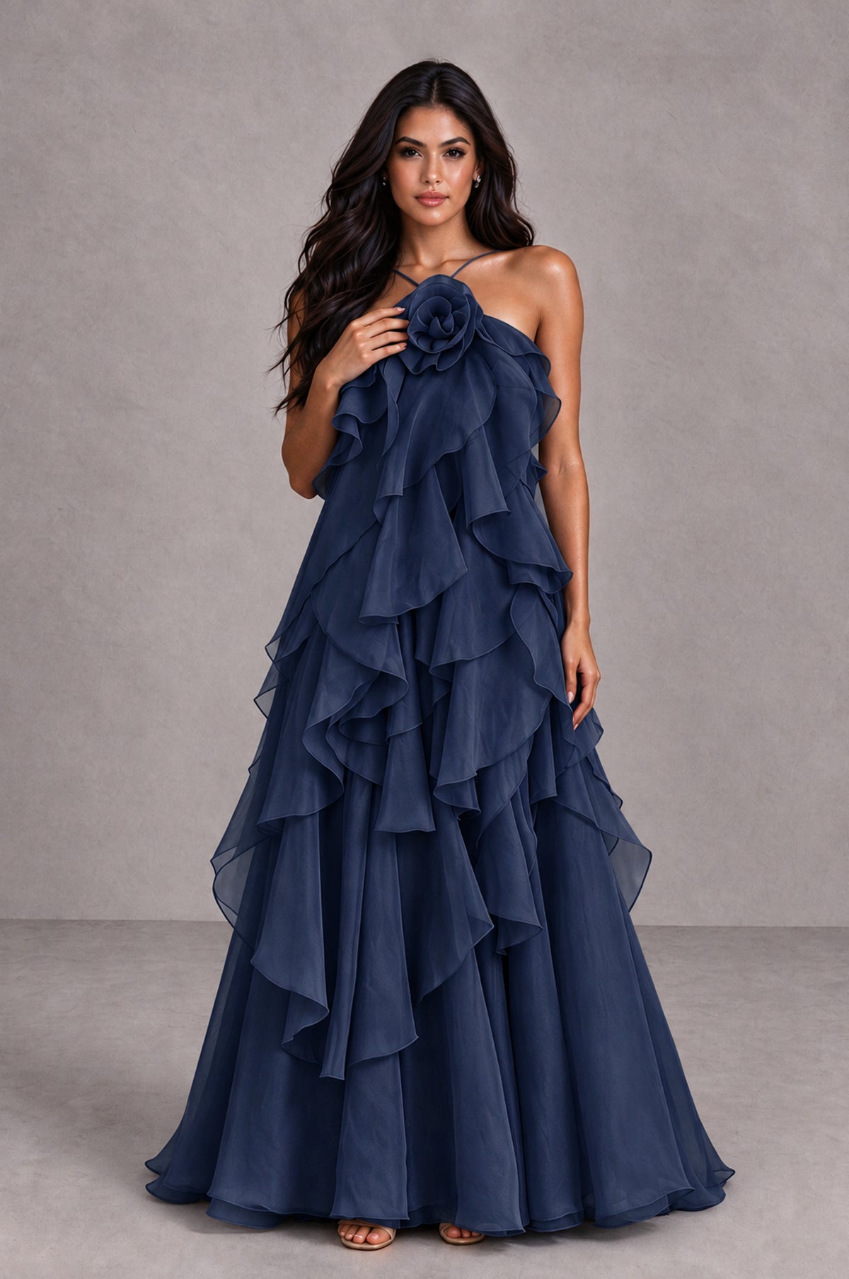 BOLODOO Navy Blue Cascading Ruffle Rosette Open-Back Maxi Dress - Navy Blue - Navy Blue_4