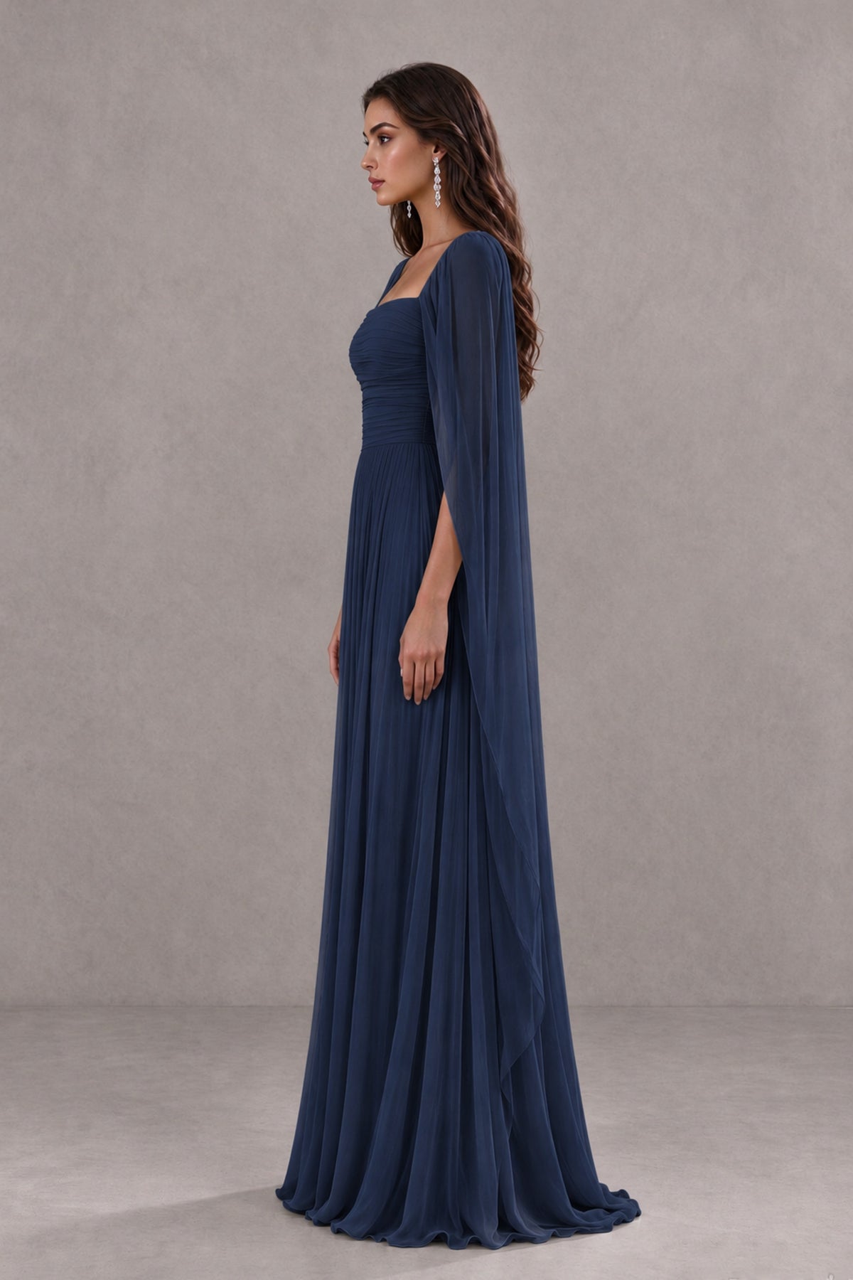 BOLODOO Navy Blue Square Neck Cape Sleeve A-Line Evening Dress - Navy Blue - Navy_Blue_4