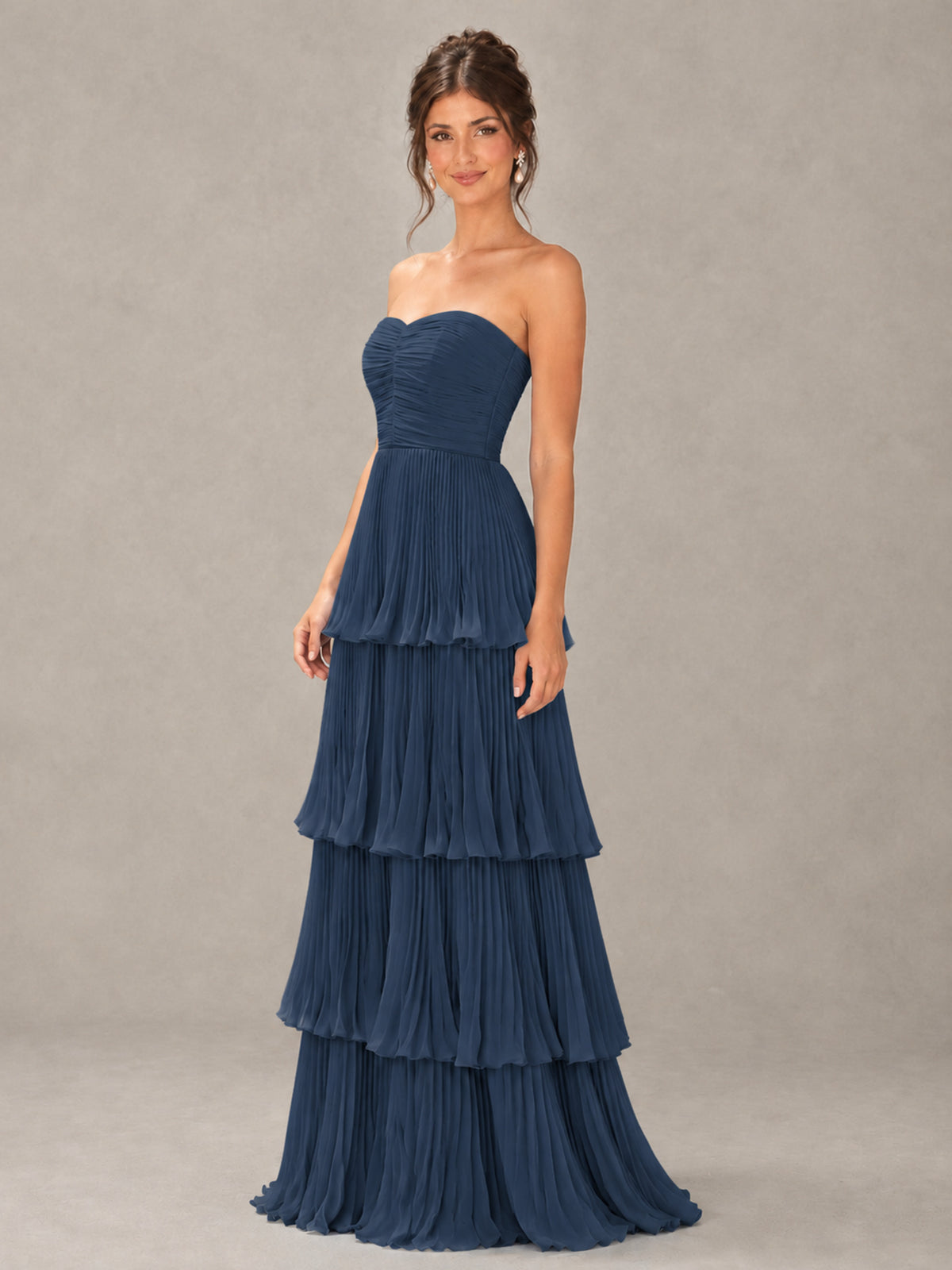 BOLODOO Navy Blue Strapless Tiered Pleated Bridesmaid Dress - Navy Blue - Navy Blue_4