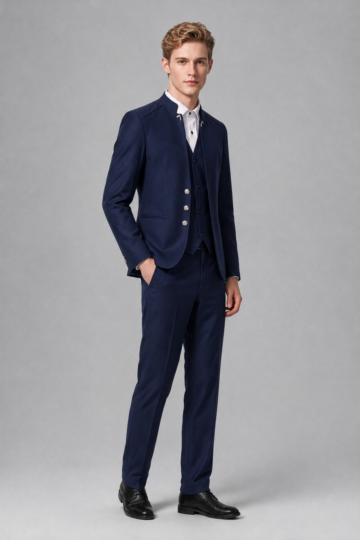 Bolodoo Men's Navy Blue Mandarin Collar 3-Piece Suit – Jacket, Vest & Trousers - Navy Blue - Navy Blue_4