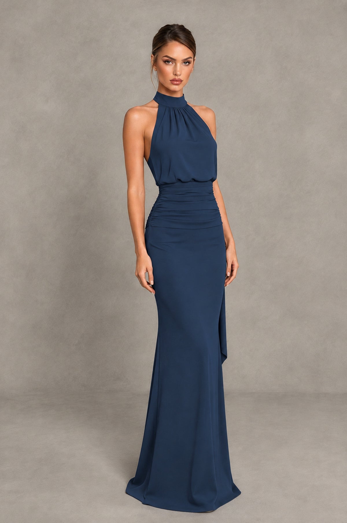 BOLODOO Navy Blue Chiffon Halter Maxi Formal Wedding Guest Dress - Navy Blue - Navy Blue_4