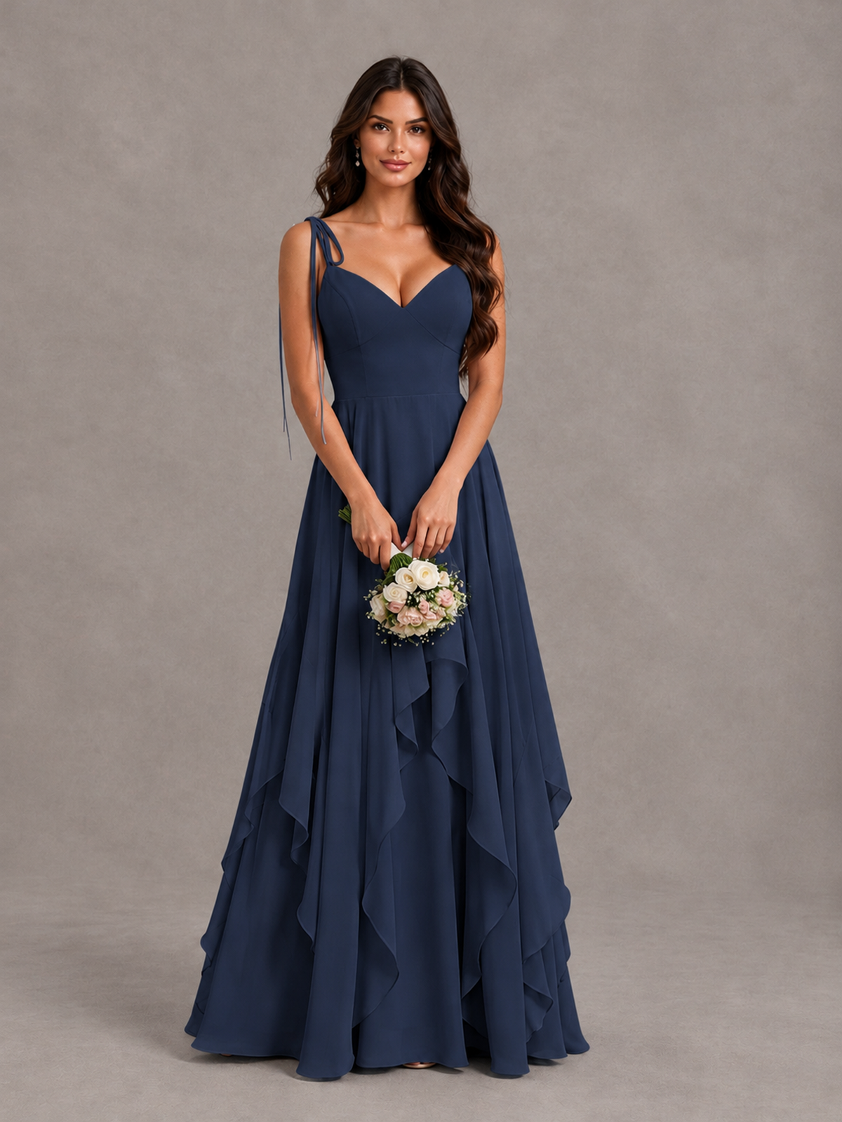 BOLODOO Navy Blue Tie-Strap Ruffle A-Line Bridesmaid Dress - Navy Blue - Navy Blue_4