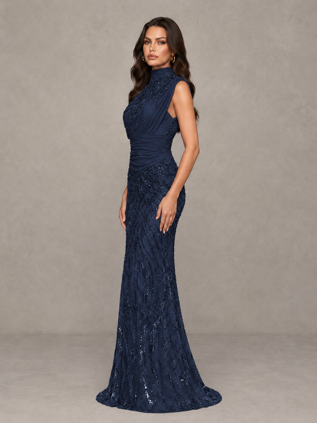 BOLODOO Navy Blue High Neck Draped Sequin Mermaid Evening Gown - Navy Blue - Navy Blue_4
