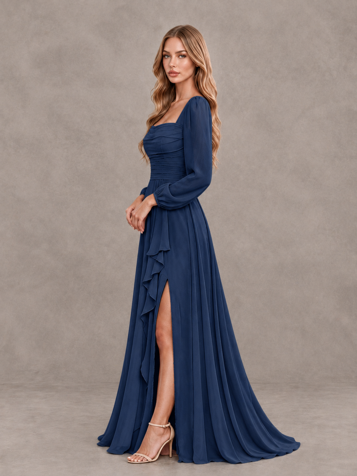BOLODOO Navy Blue Square Neck Long Sleeve Bridesmaid Dress with Ruffle Slit - Navy Blue - Navy Blue_4