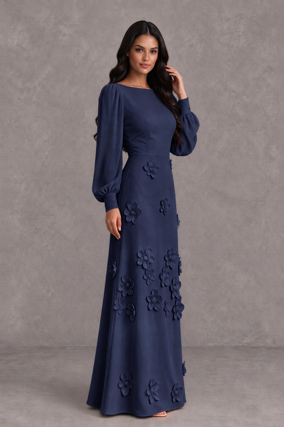 BOLODOO Navy Blue Long Sleeve Floral Applique A-Line Evening Dress - Navy Blue - Navy Blue_4