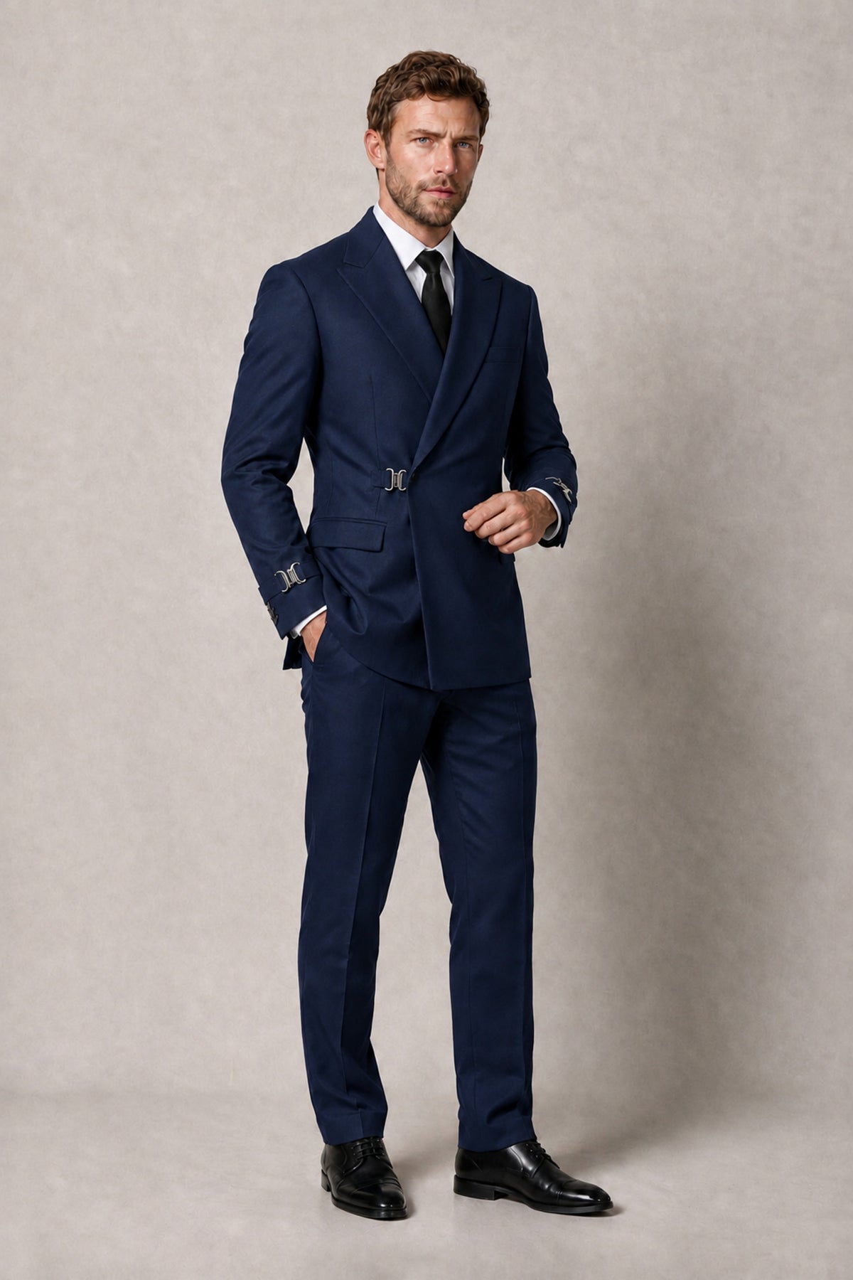 BOLODOO Men's Navy Blue Double-Breasted 2-Piece Suit Set – Blazer & Tailored Trousers - Navy Blue