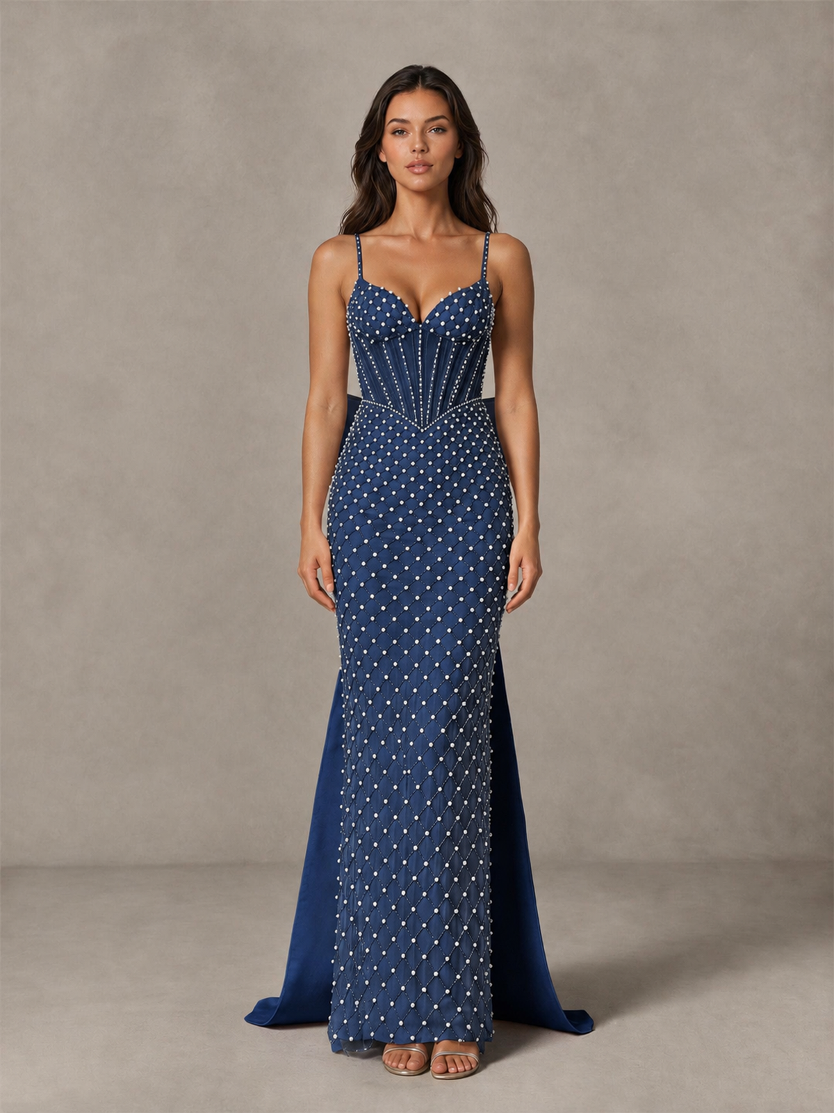 BOLODOO Navy Blue Beaded Corset Prom Dress with Bow Train - Navy Blue - Navy_Blue_4